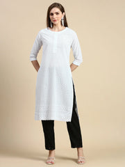 Women Floral Chikankari White Straight Kurta-MRF-1073-White