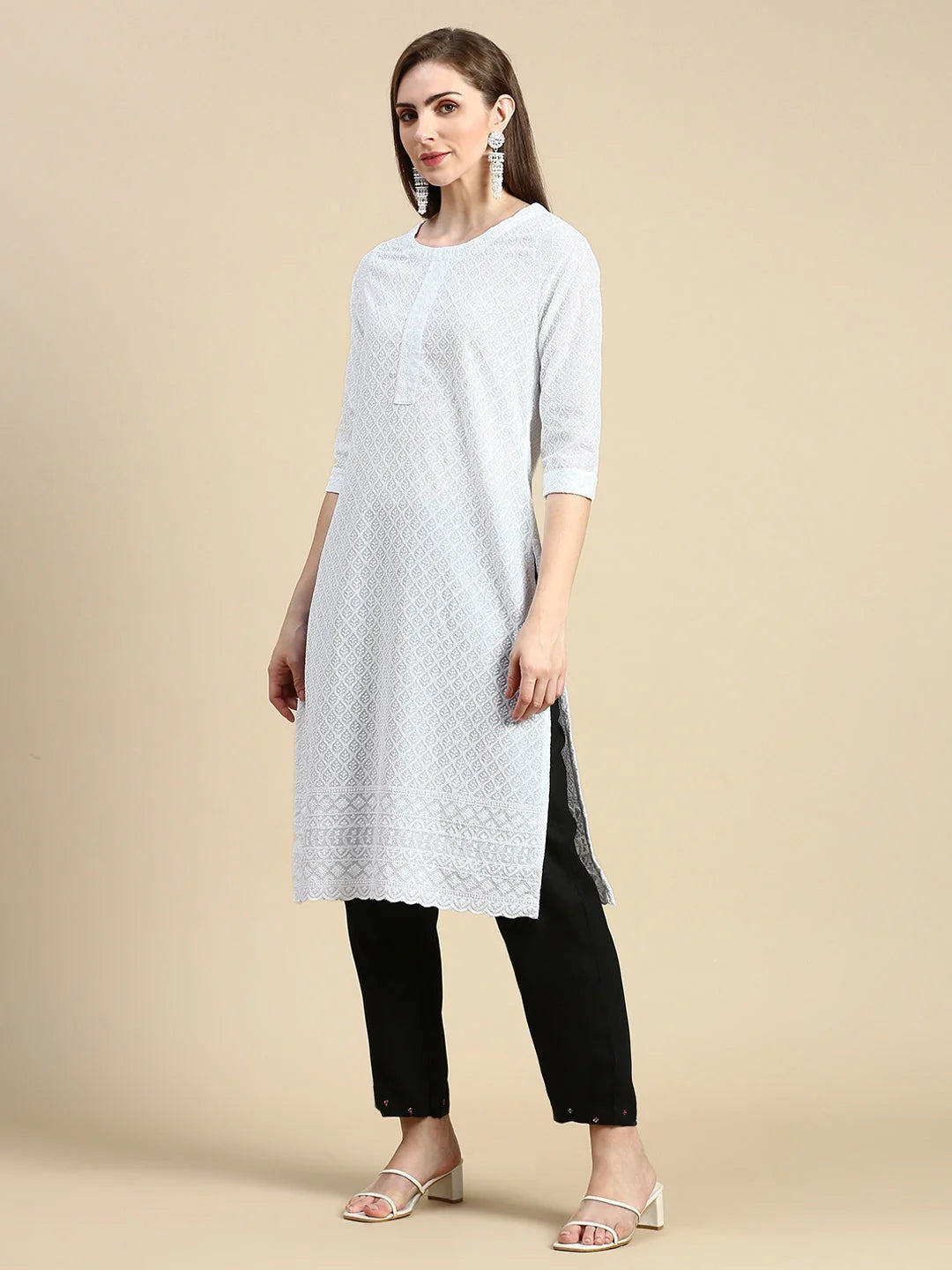 White Floral Chikankari Kurti | Cotton Indian Kurtas Online
