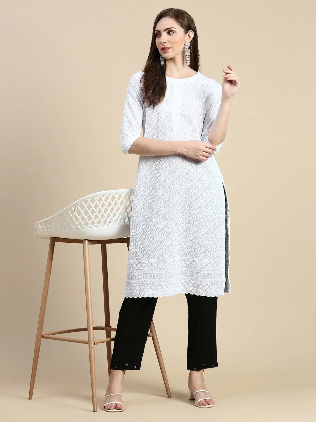 White Floral Chikankari Kurti | Cotton Indian Kurtas Online