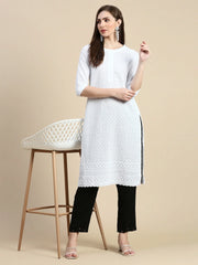 Women Floral Chikankari White Straight Kurta-MRF-1073-White