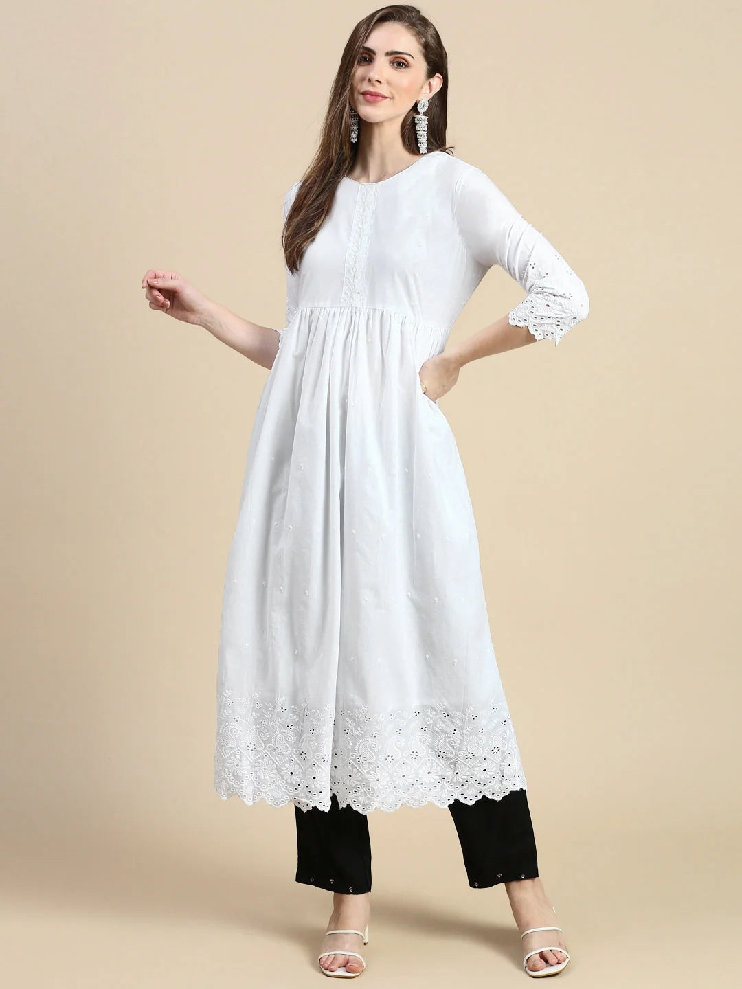 White Floral Anarkali Kurta for Women | Cotton Anarkali Kurtis