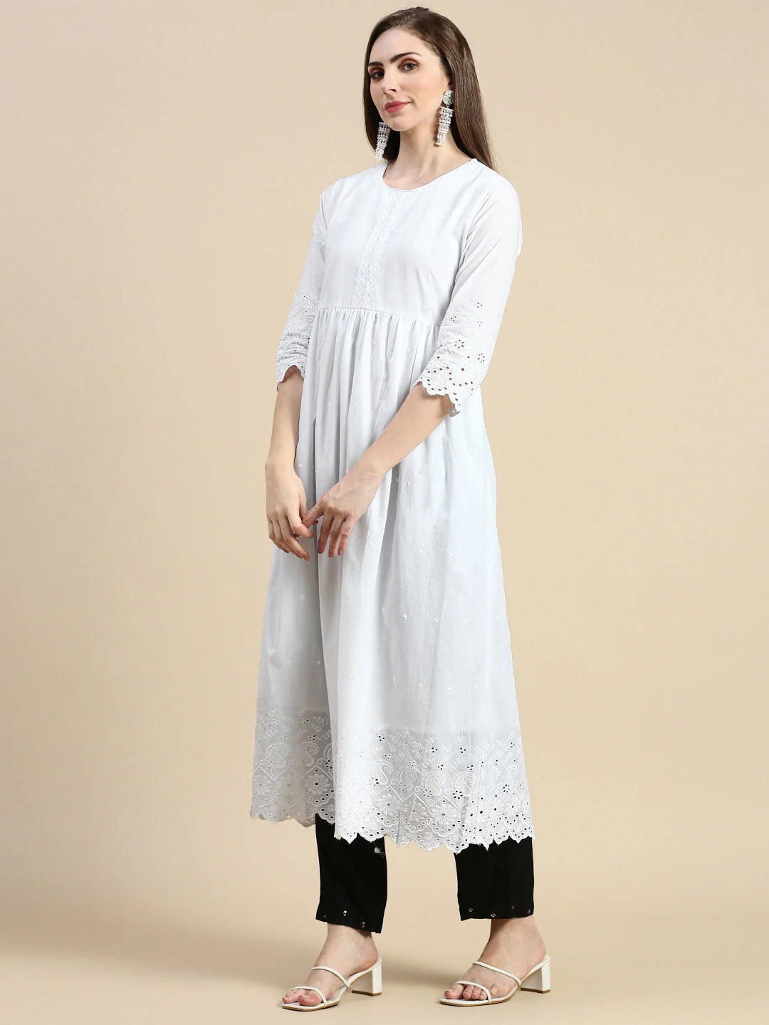 White Floral Anarkali Kurta for Women | Cotton Anarkali Kurtis