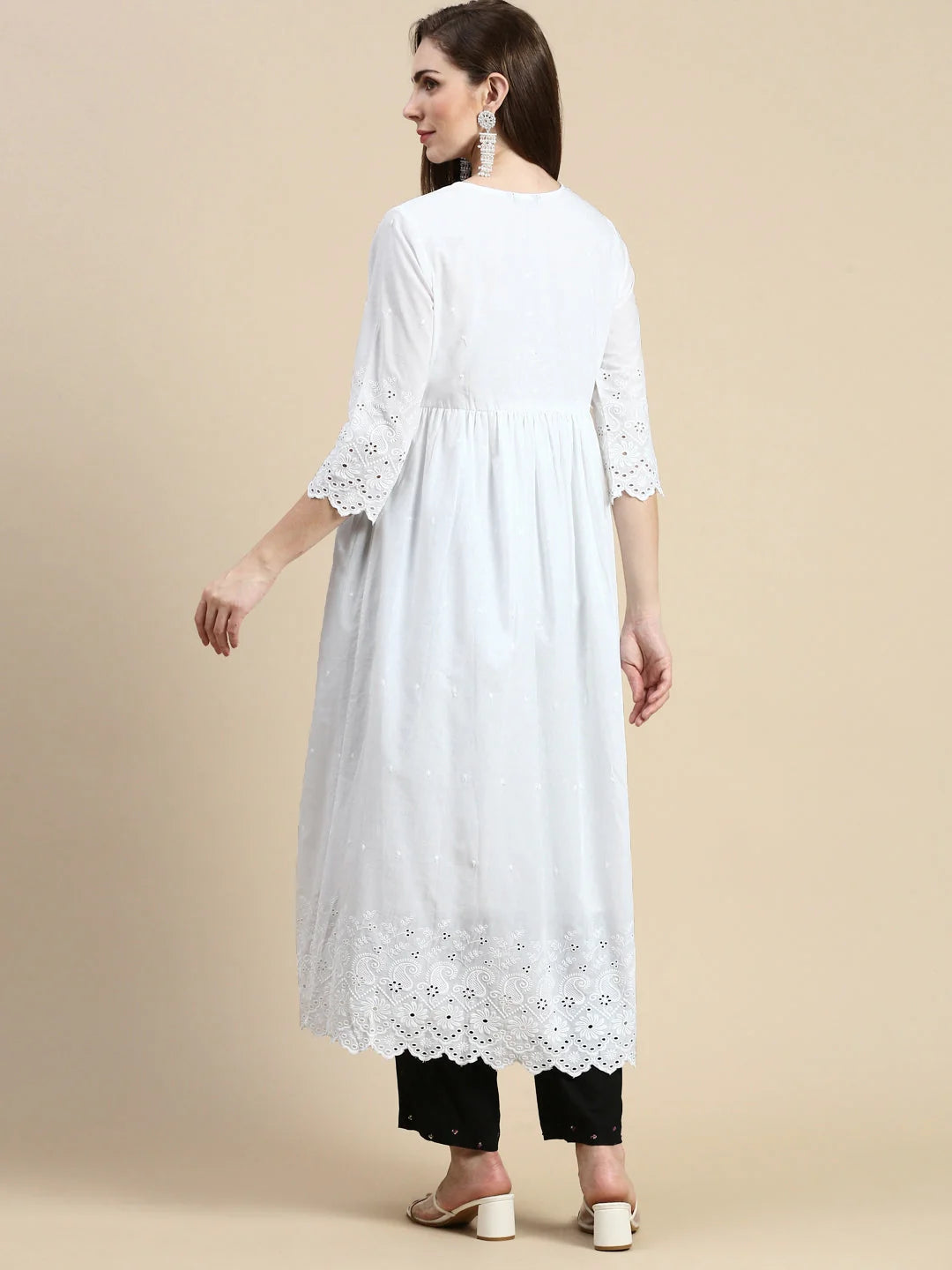 White Floral Anarkali Kurta for Women | Cotton Anarkali Kurtis