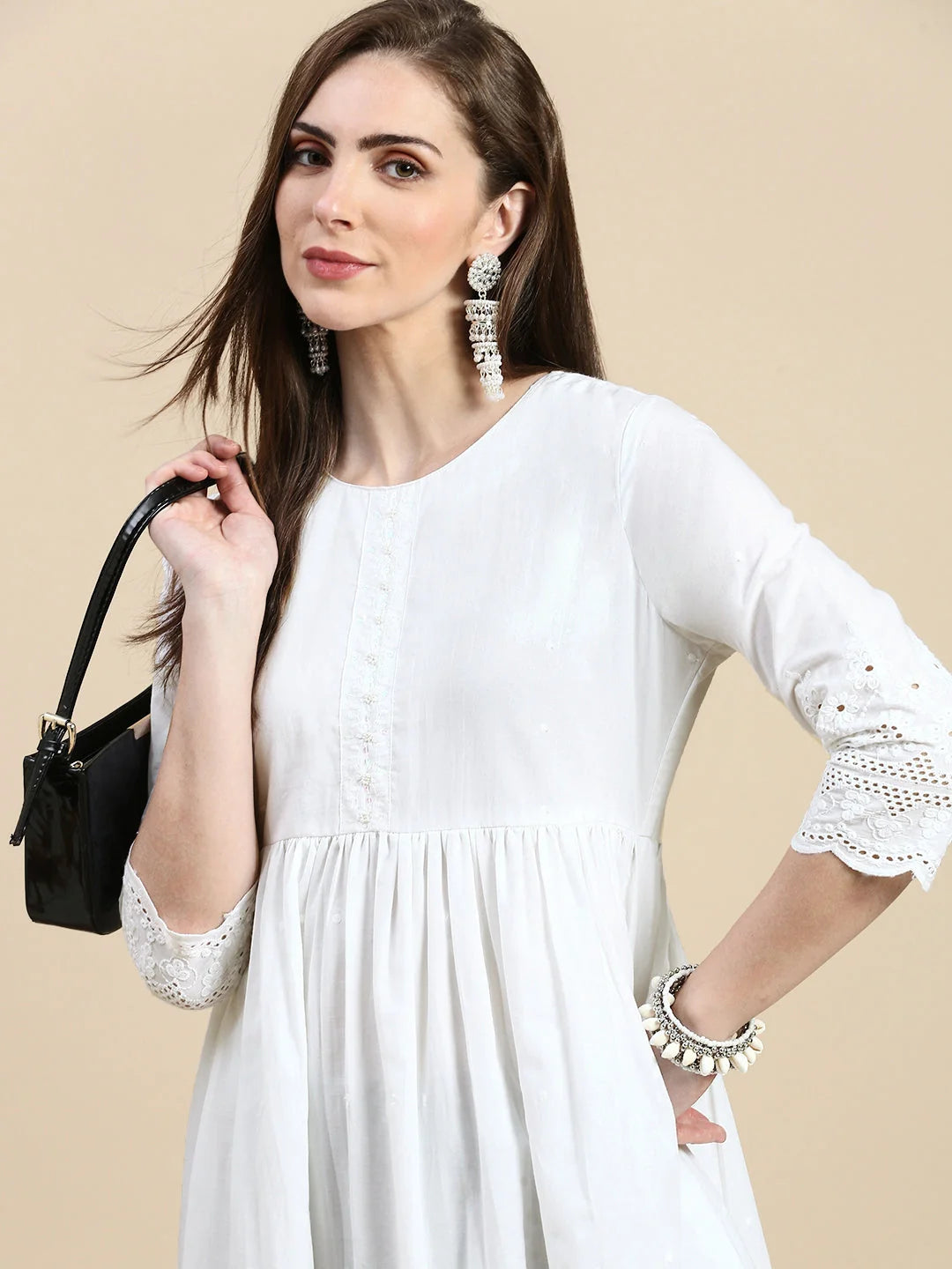 White Floral Anarkali Kurti for Women - Cotton Anarkali Dress