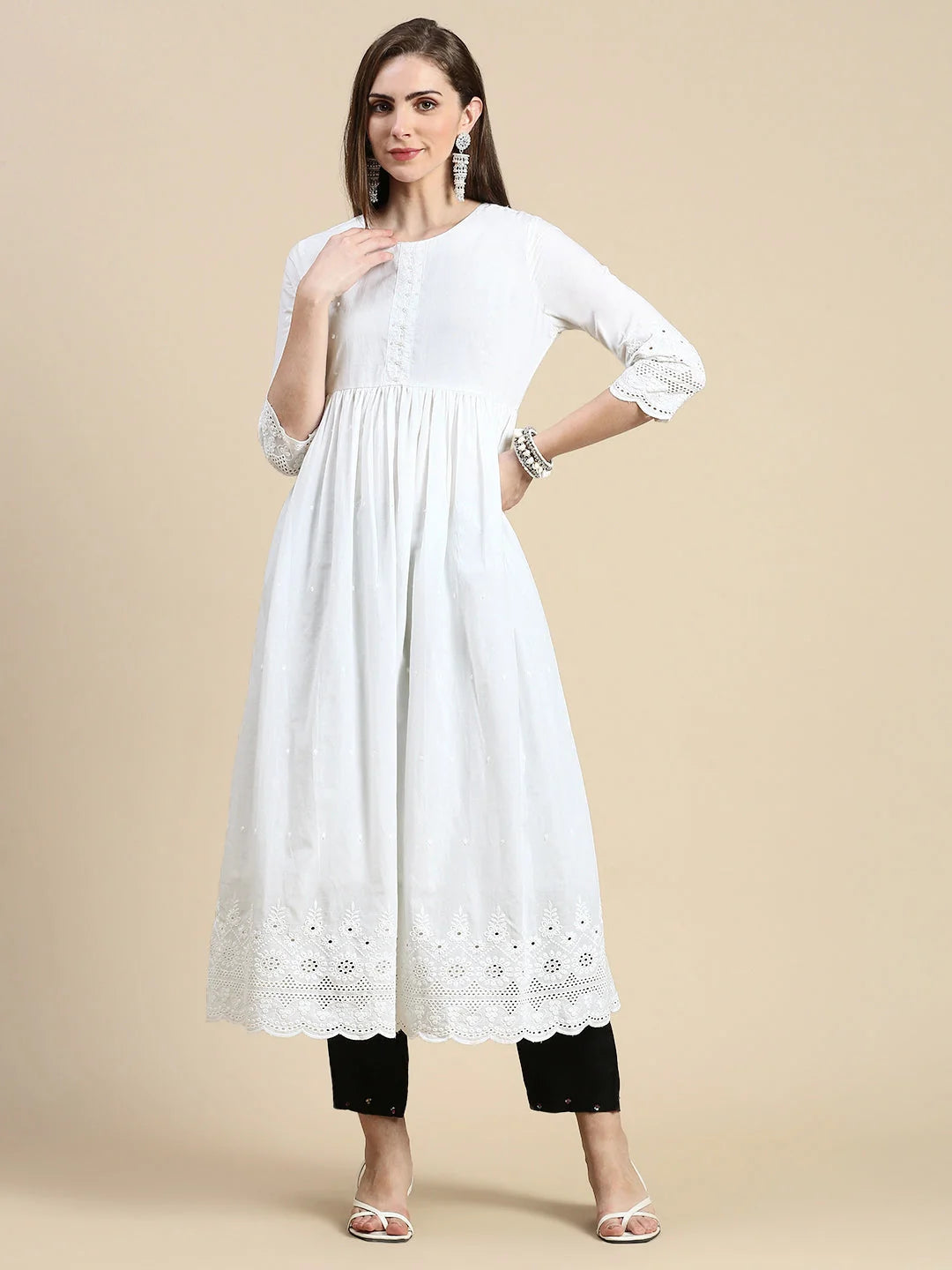 White Floral Anarkali Kurti for Women - Cotton Anarkali Dress