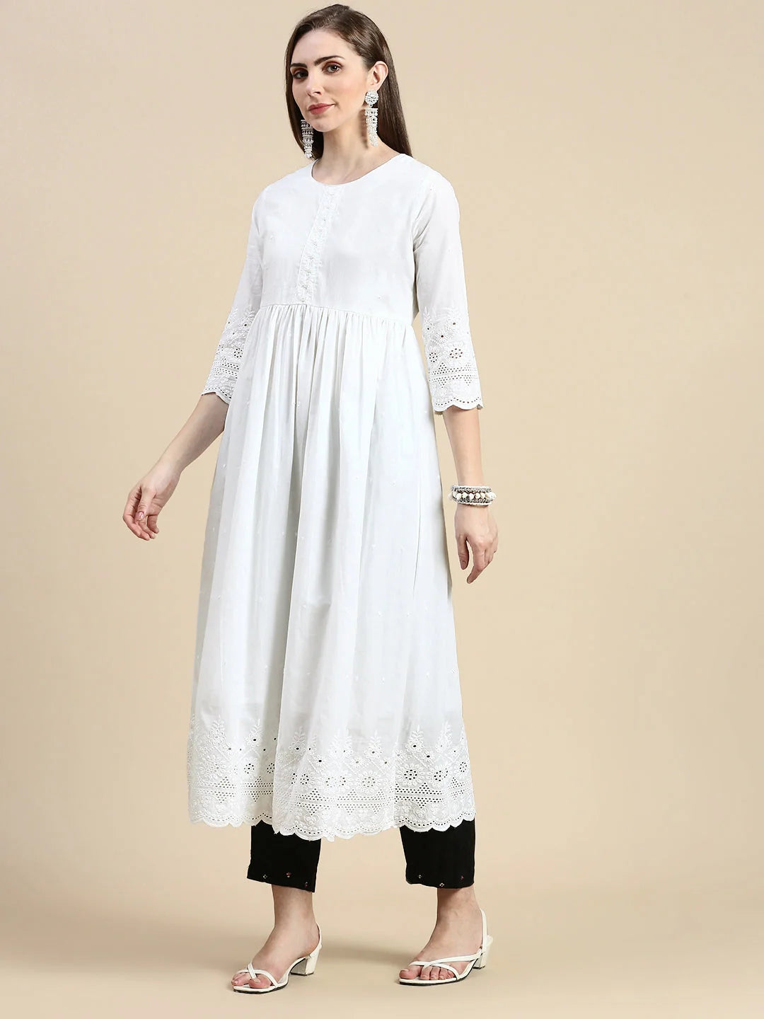 White Floral Anarkali Kurti for Women - Cotton Anarkali Dress
