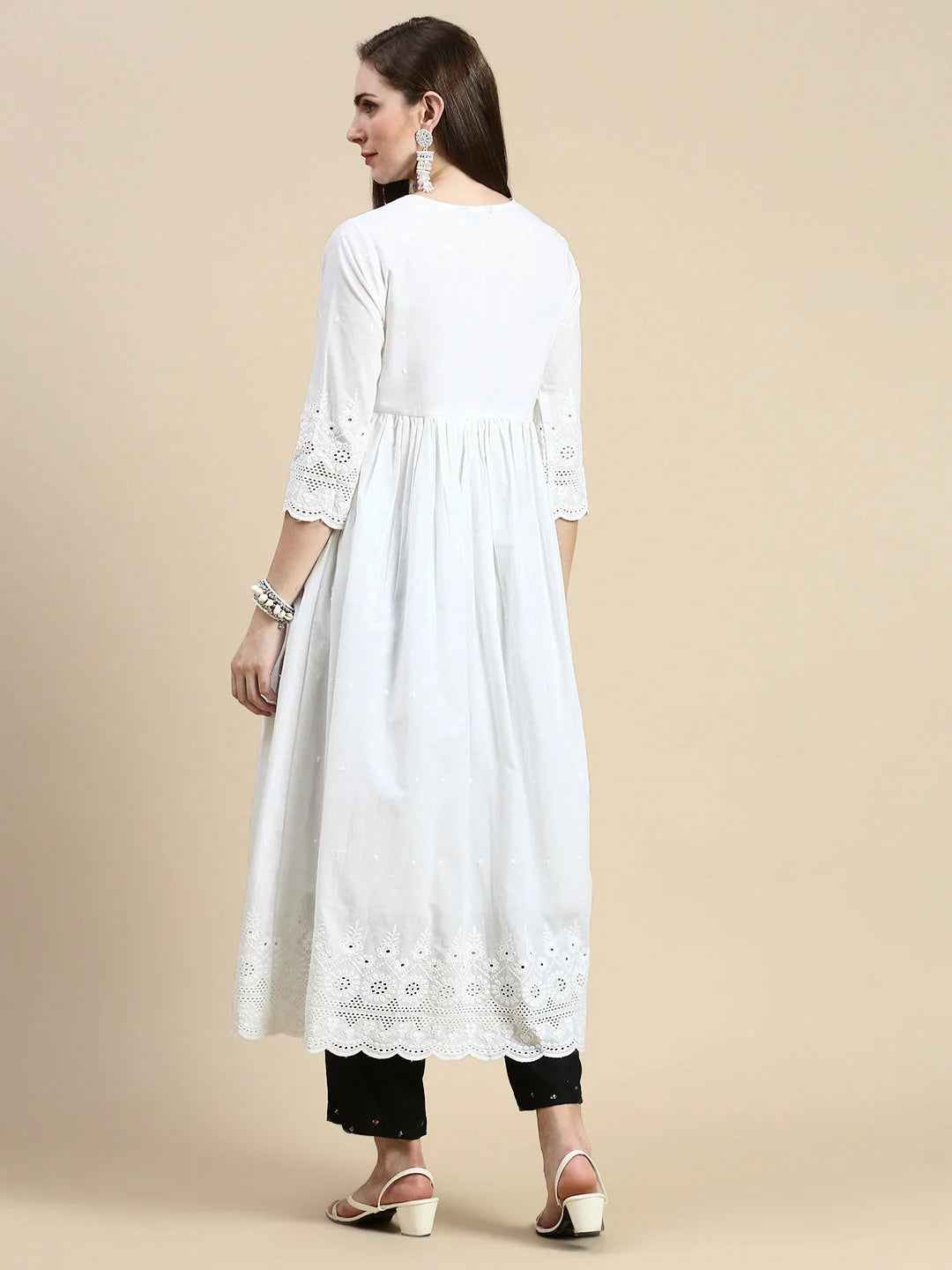 White Floral Anarkali Kurti for Women - Cotton Anarkali Dress