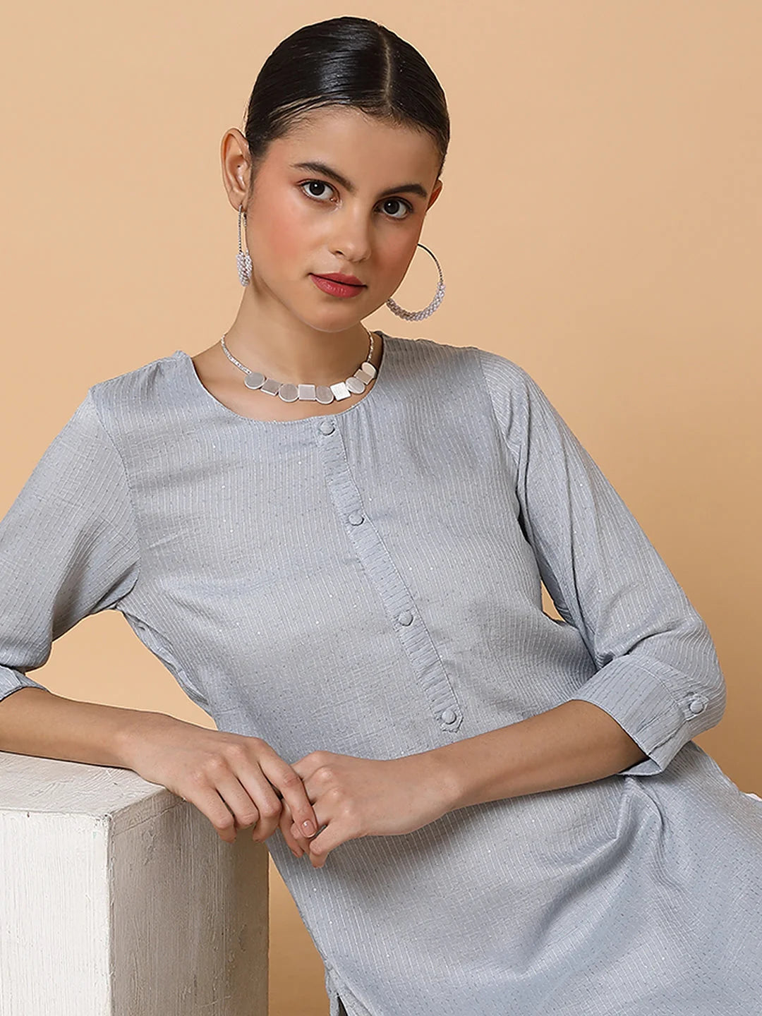 Women Solid Sequins Grey Straight Kurta-MRF-189-Grey