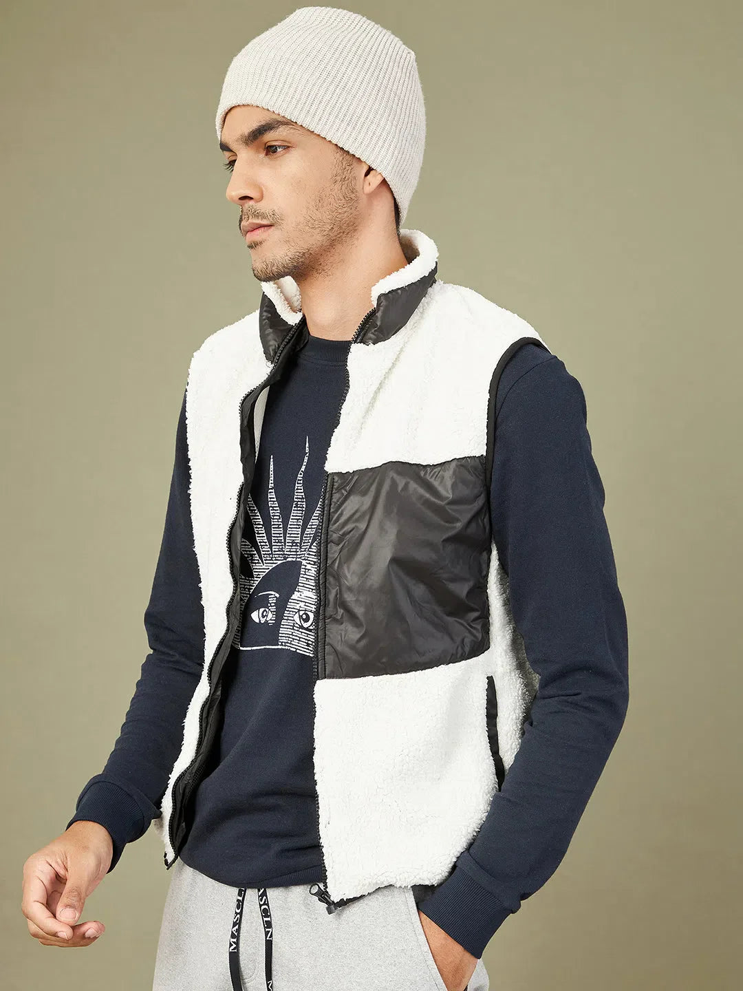 Men's White Sleeveless Faux Fur Jacket | Mens Puffer Jacket
