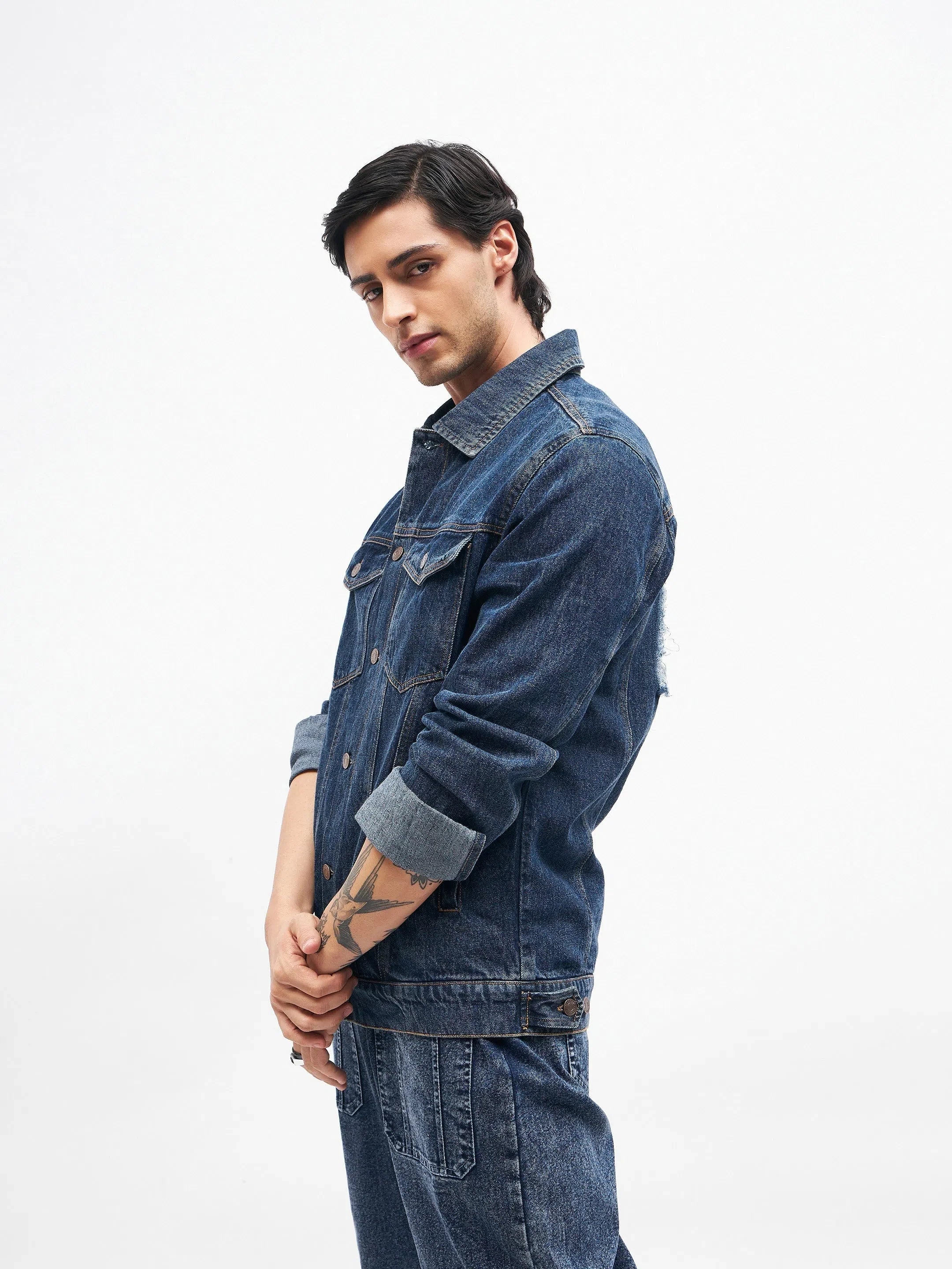 Men's Cut-Out Distressed Denim Jacket | Biker Jacket