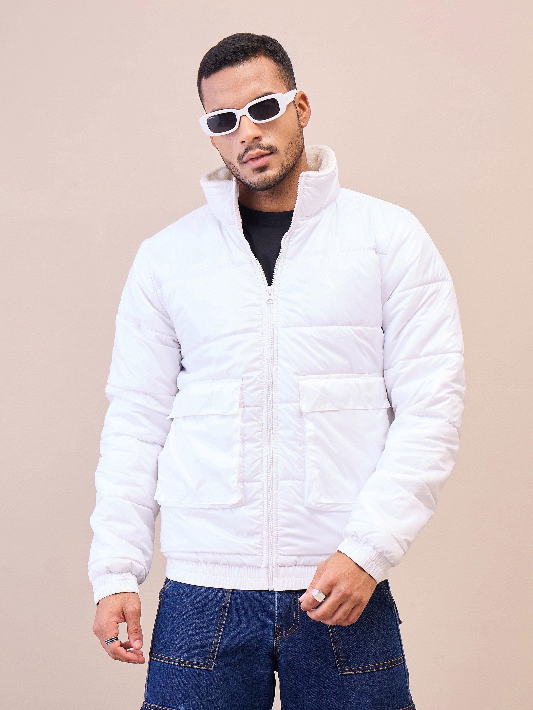 Men White Fur Collar Puffer Jacket-MSJCKT60282