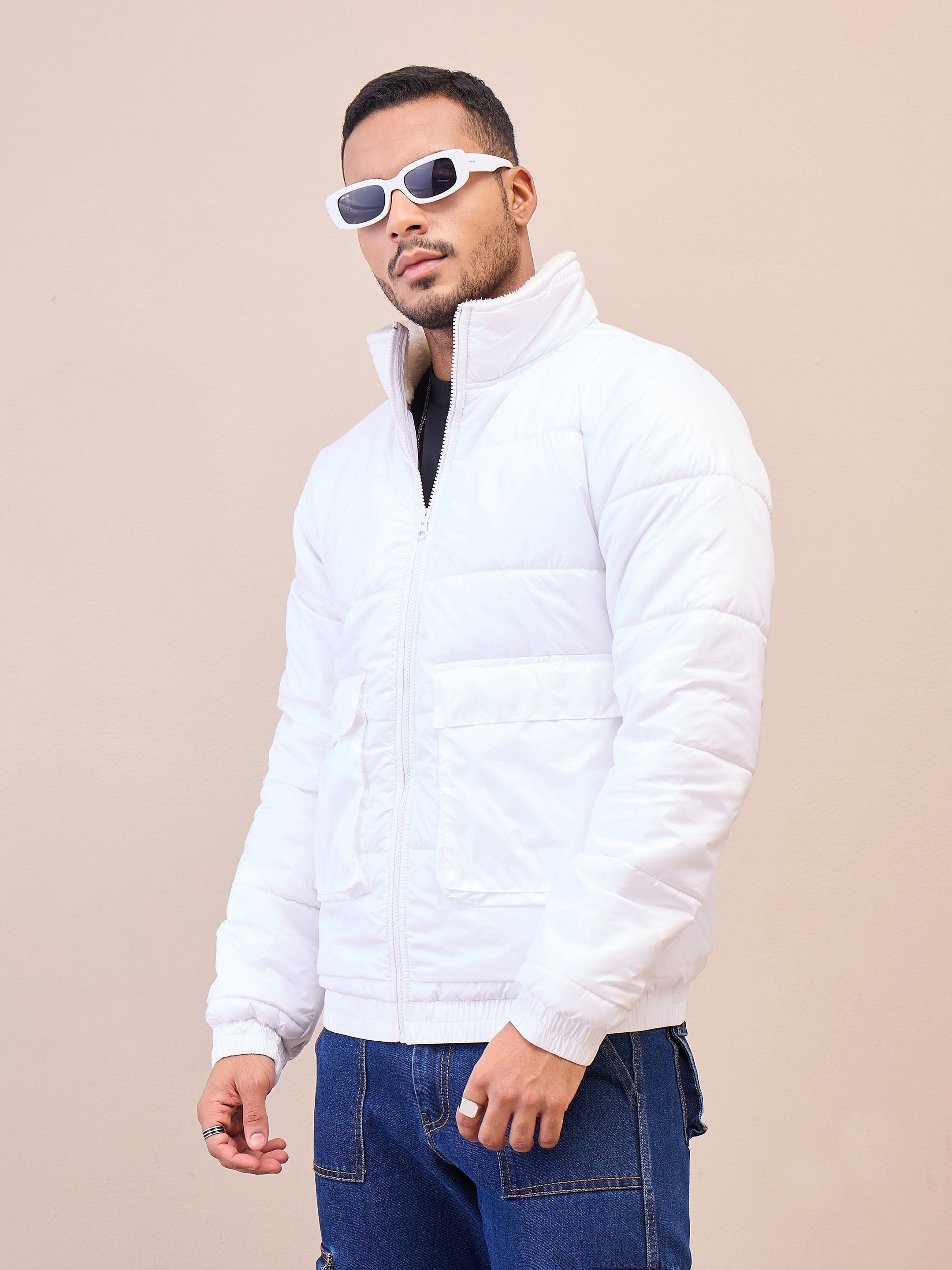 Men White Fur Collar Puffer Jacket-MSJCKT60282