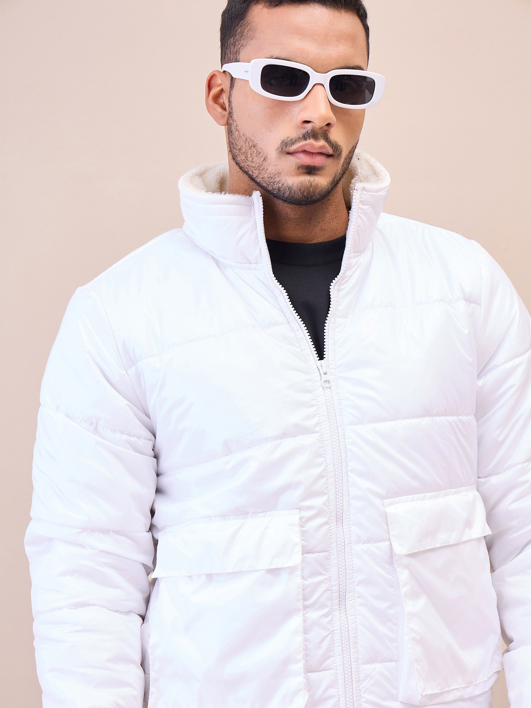 Men White Fur Collar Puffer Jacket-MSJCKT60282