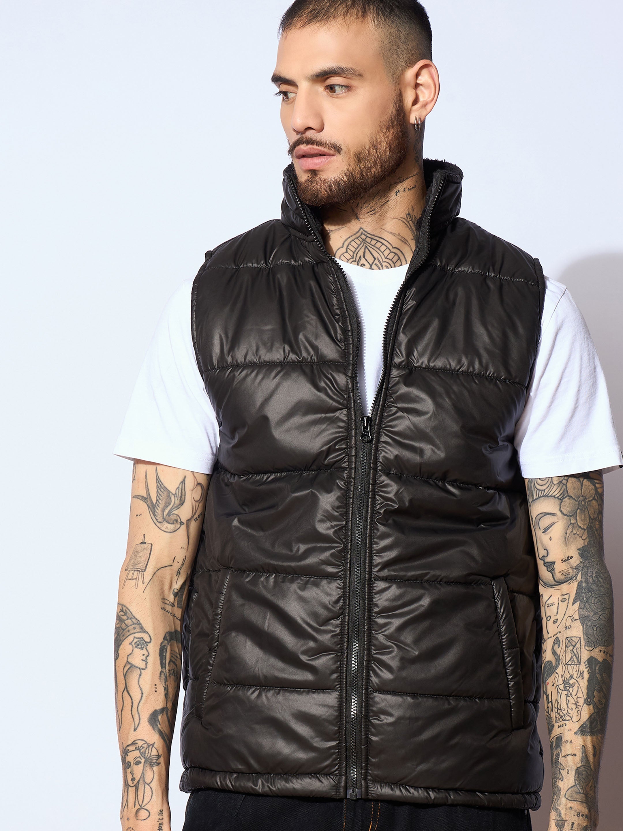 Men Black Fur Collar Puffer Sleeveless Jacket-MSJCKT60283