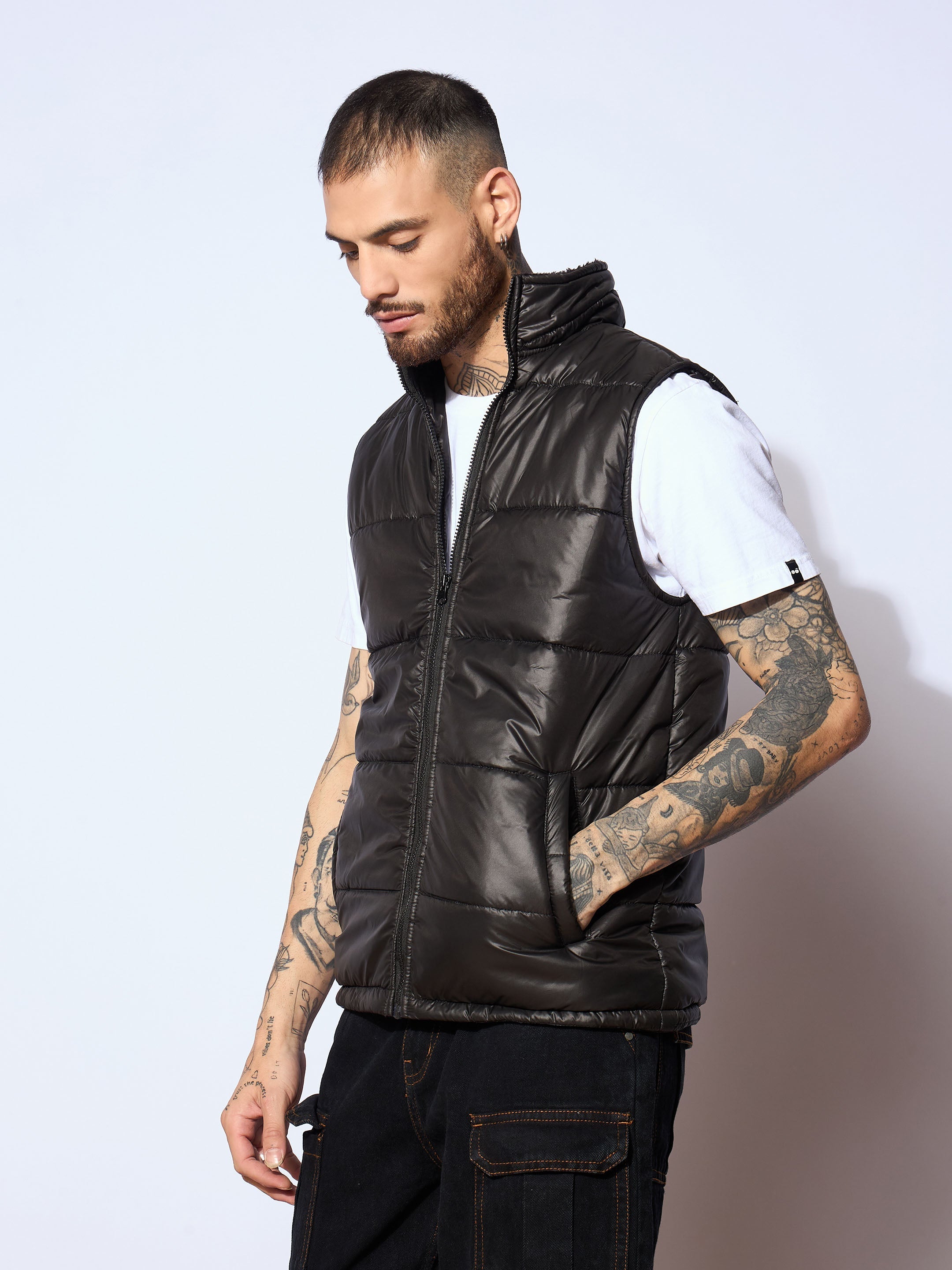 Men Black Fur Collar Puffer Sleeveless Jacket-MSJCKT60283