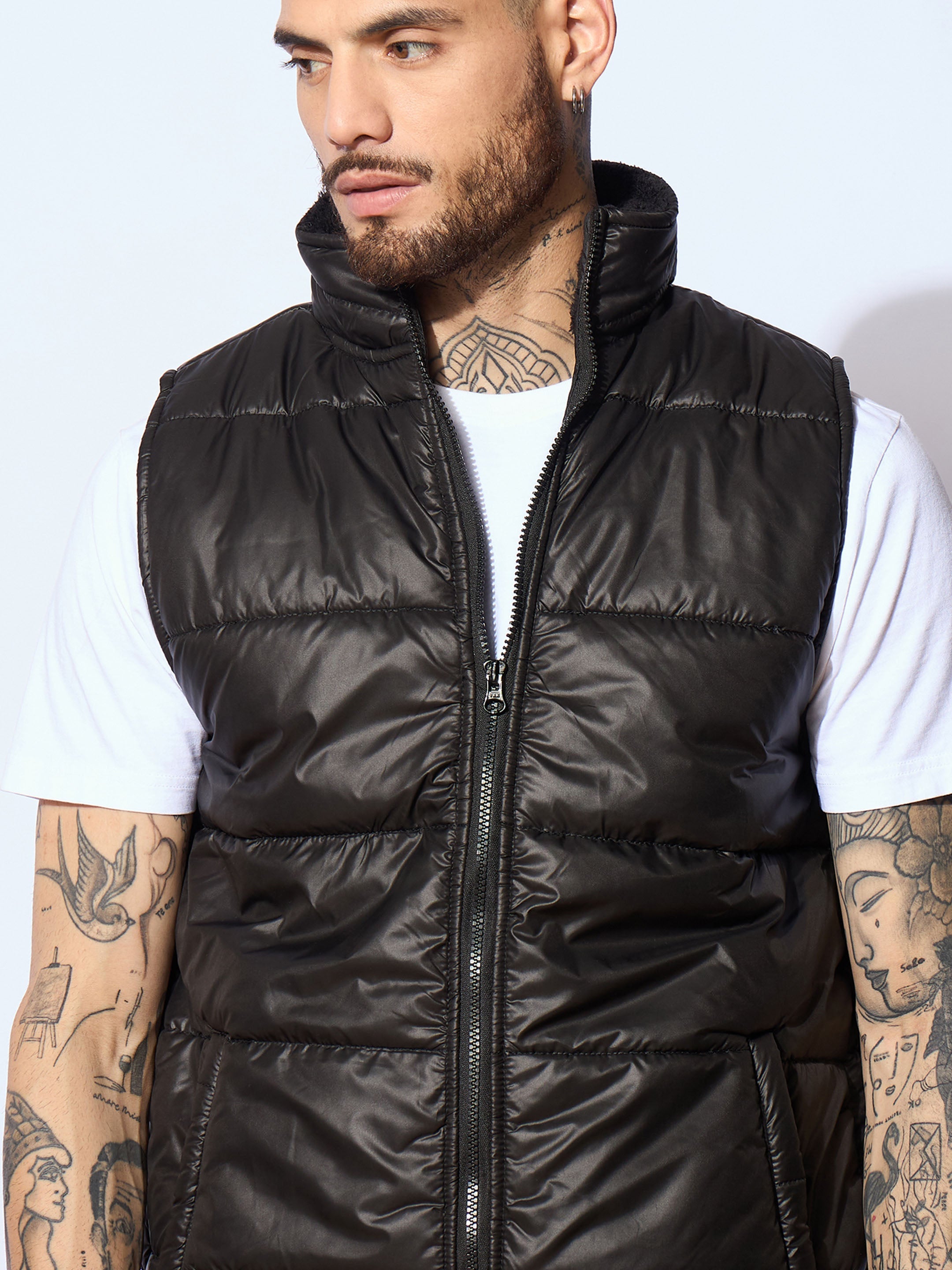 Men Black Fur Collar Puffer Sleeveless Jacket-MSJCKT60283