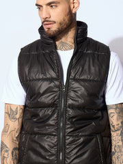 Men Black Fur Collar Puffer Sleeveless Jacket-MSJCKT60283