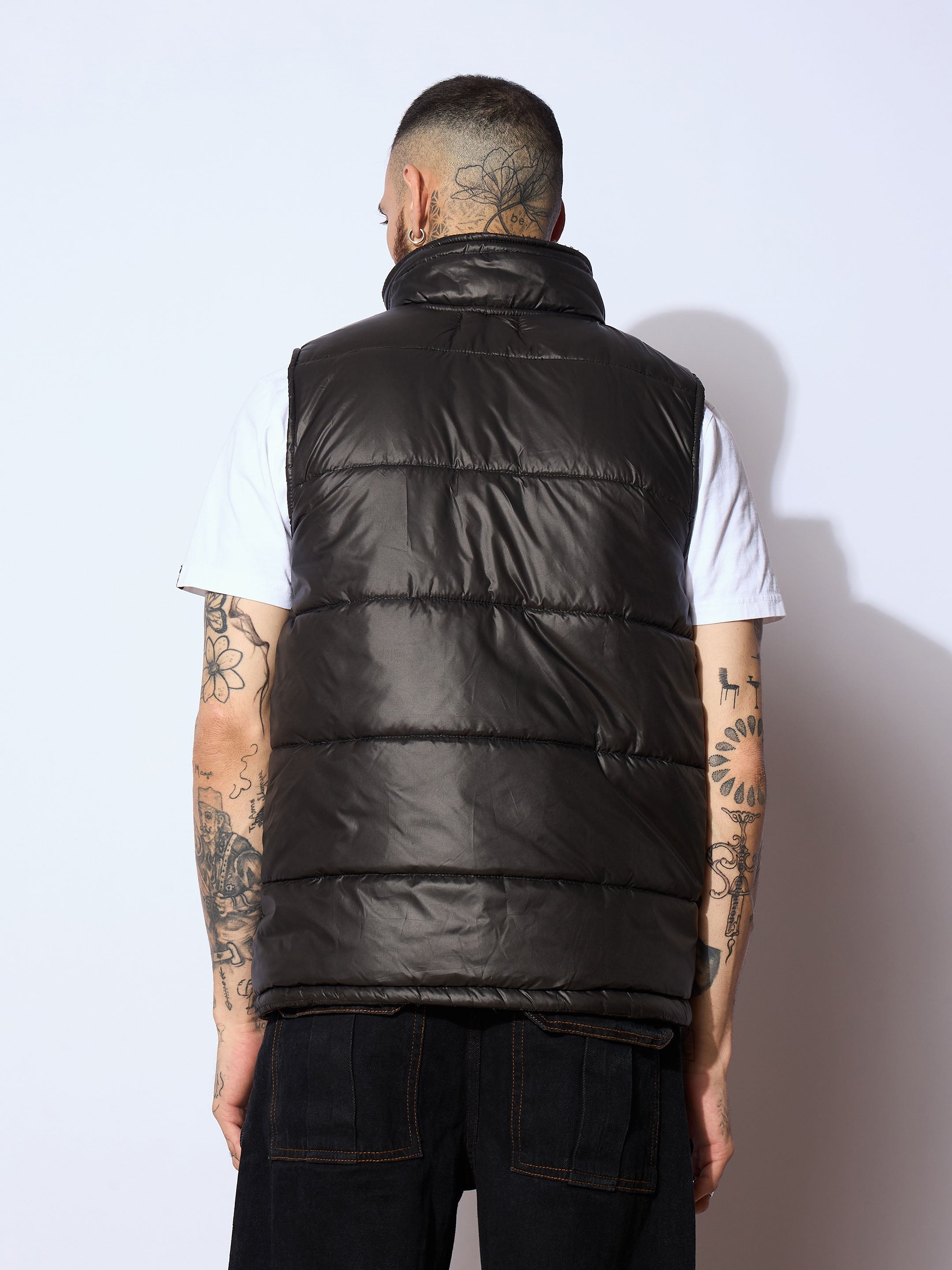 Men Black Fur Collar Puffer Sleeveless Jacket-MSJCKT60283