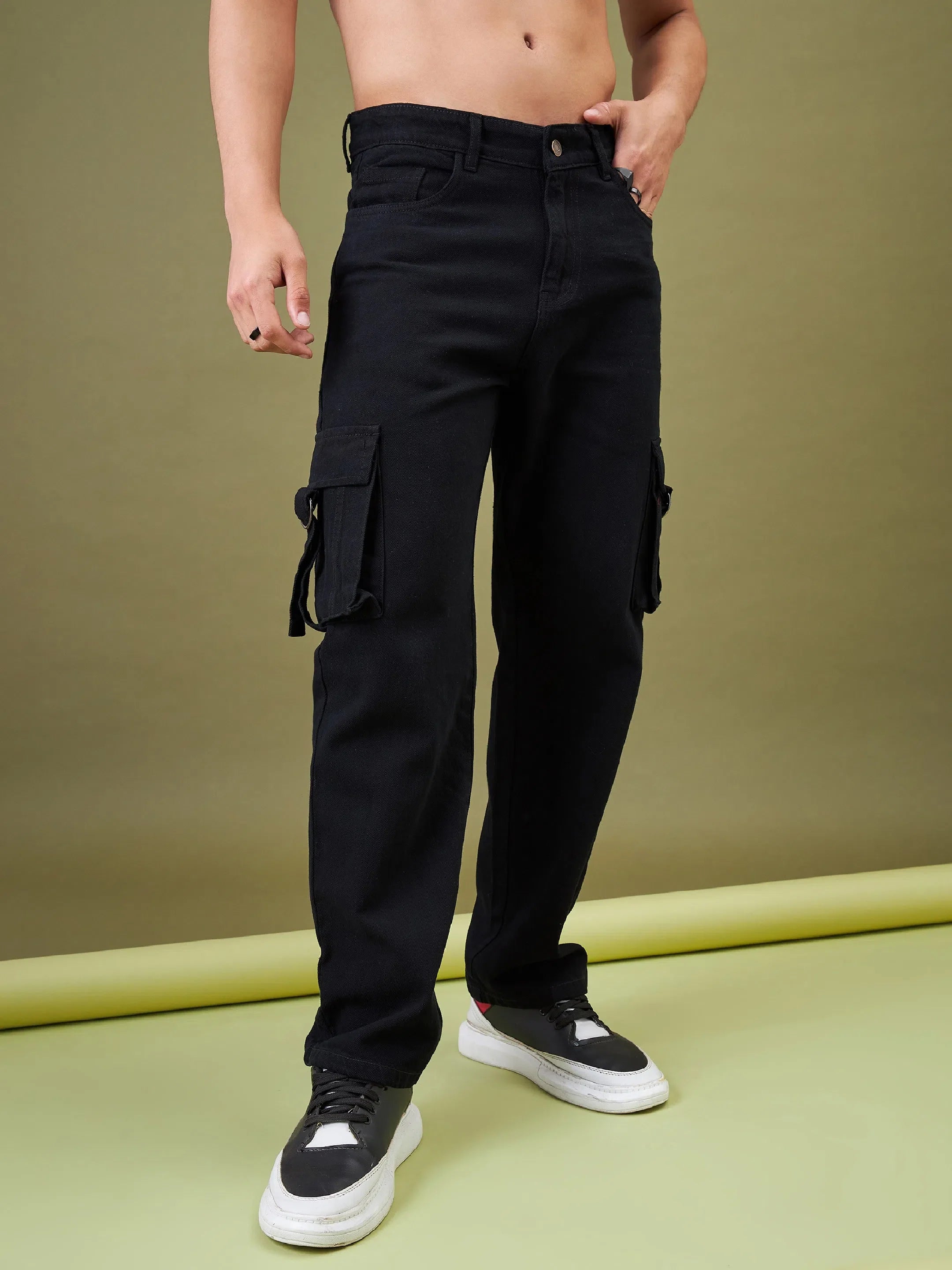 Black Relax Fit Cotton Cargo Jeans | Box Pocket | Mens Jeans