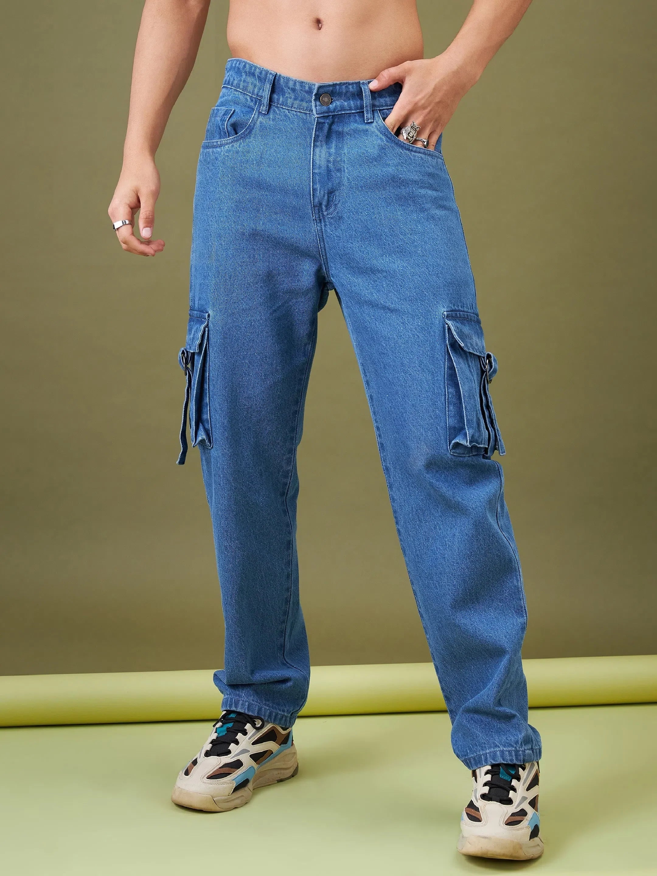 Ice Blue Box Pocket Cotton Cargo Jeans | Relax Fit Denim