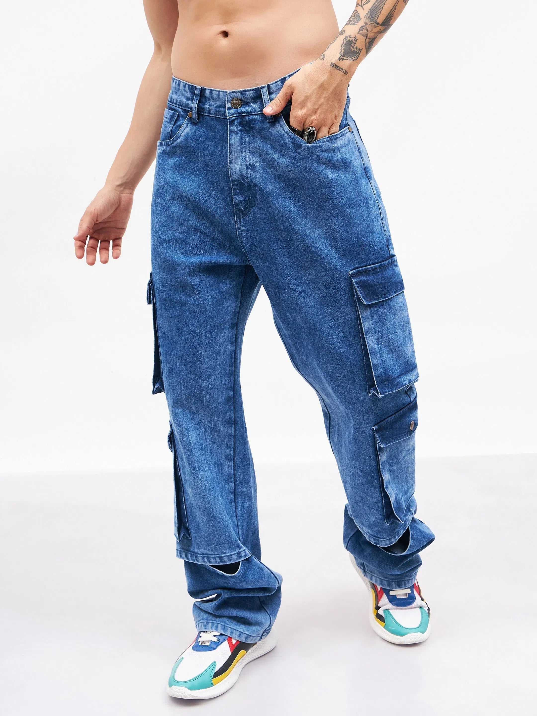 Men's Blue Washed Cargo Jeans | Utility Pocket Cotton Pants