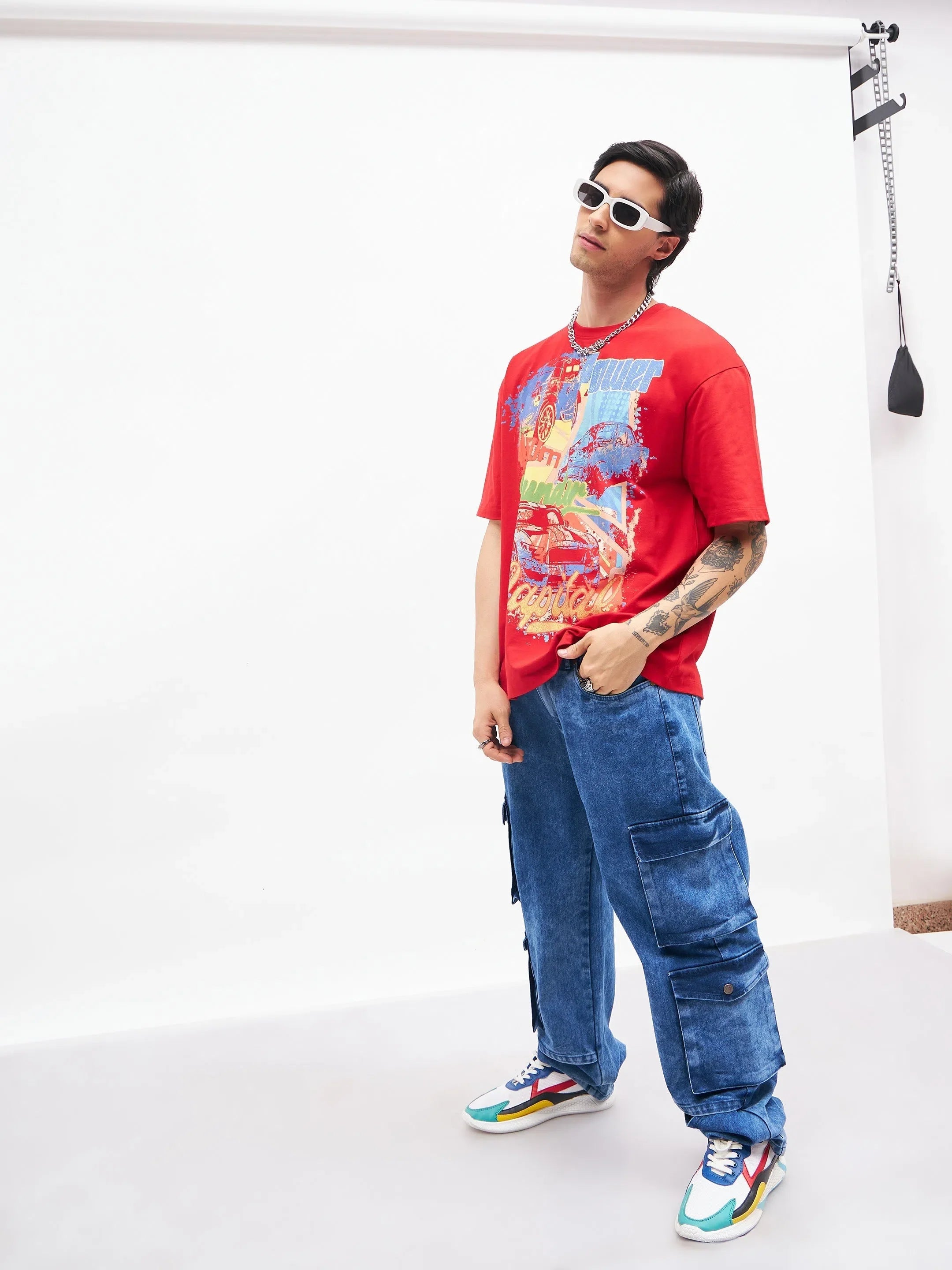 Men's Blue Washed Cargo Jeans | Utility Pocket Cotton Pants