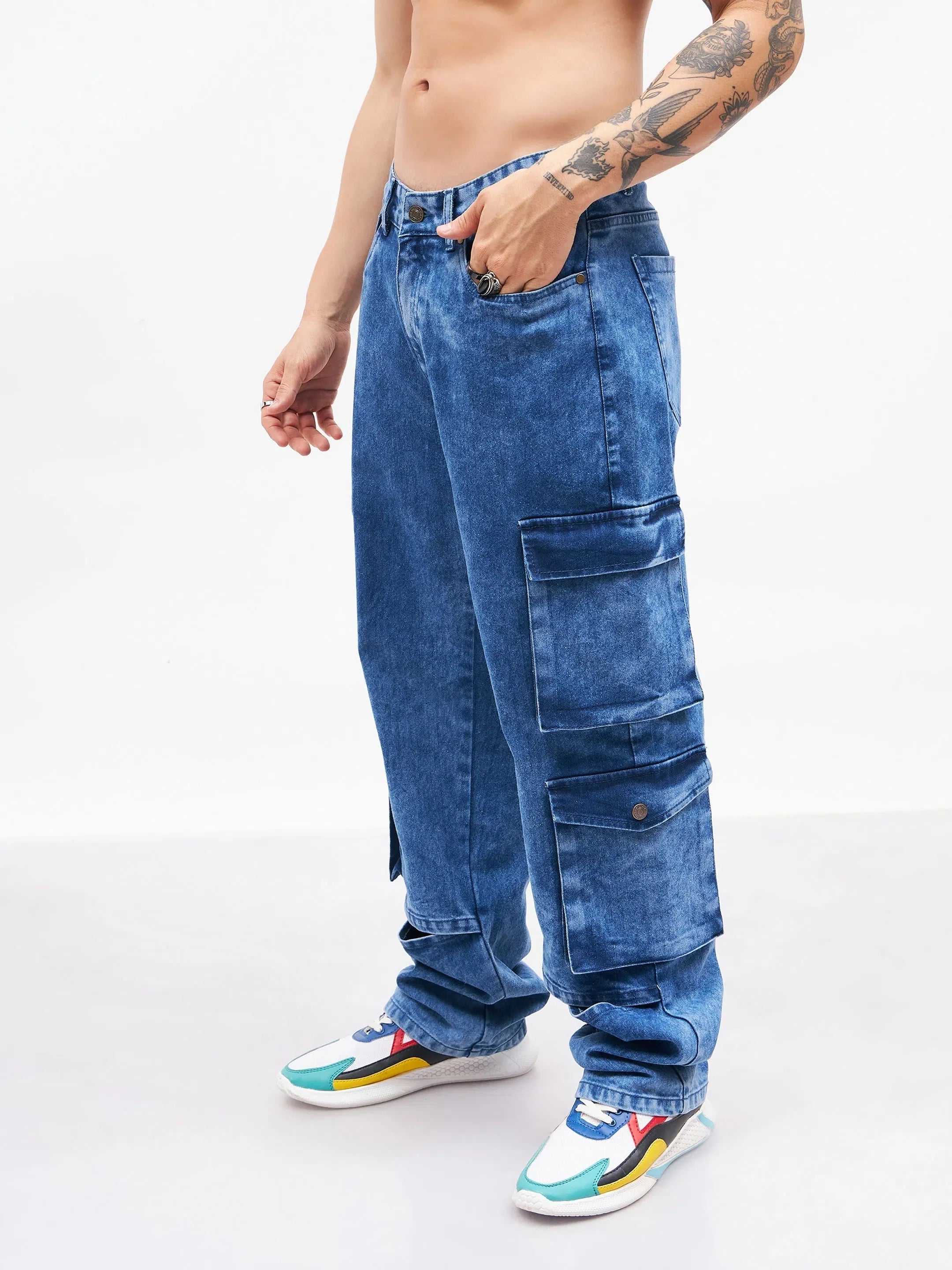 Men's Blue Washed Cargo Jeans | Utility Pocket Cotton Pants