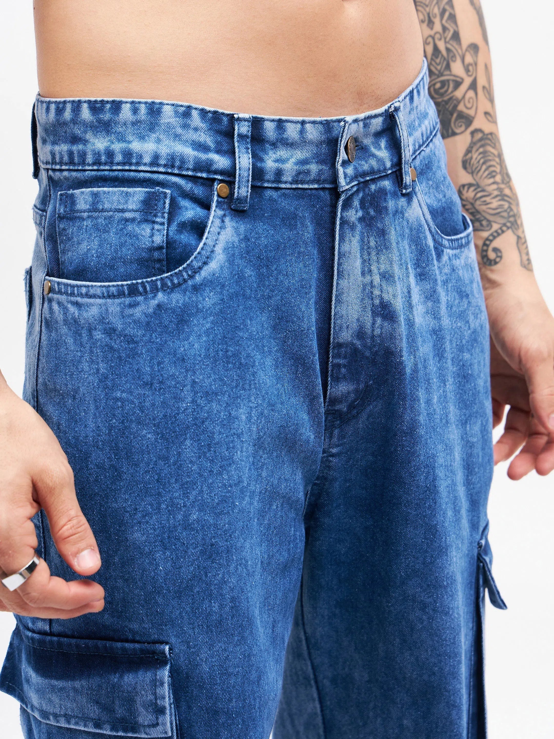 Men's Blue Washed Cargo Jeans | Utility Pocket Cotton Pants