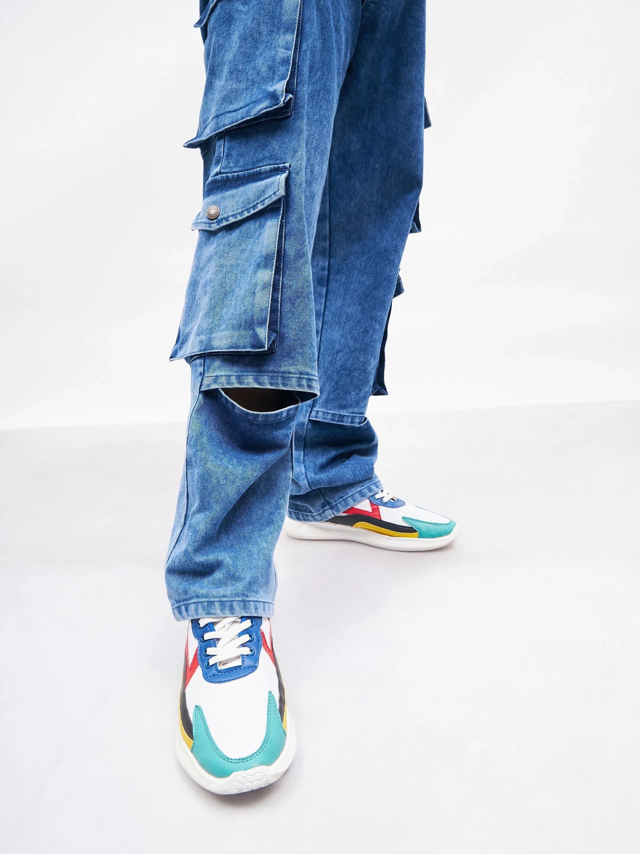 Men's Blue Washed Cargo Jeans | Utility Pocket Cotton Pants