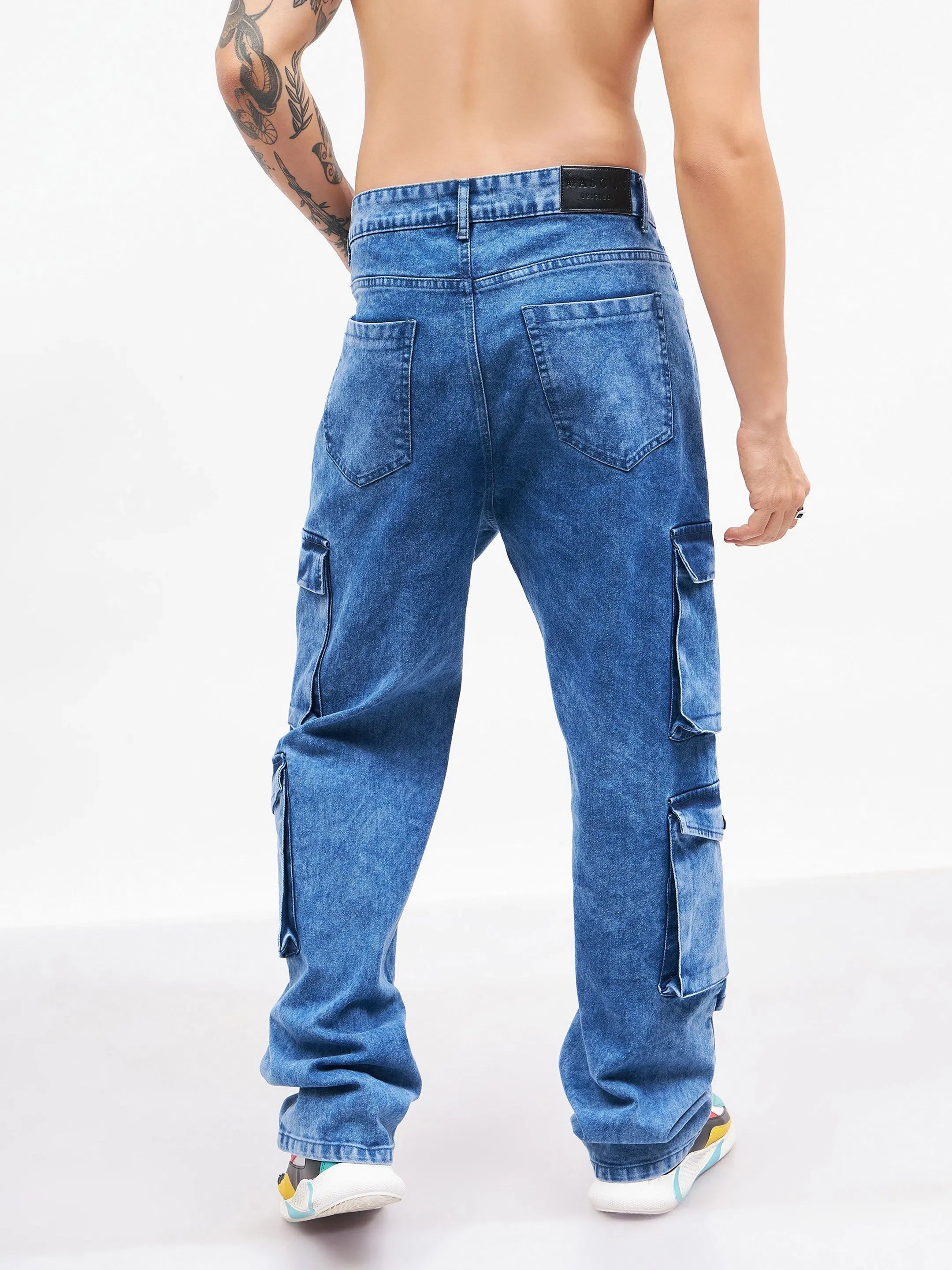 Men's Blue Washed Cargo Jeans | Utility Pocket Cotton Pants