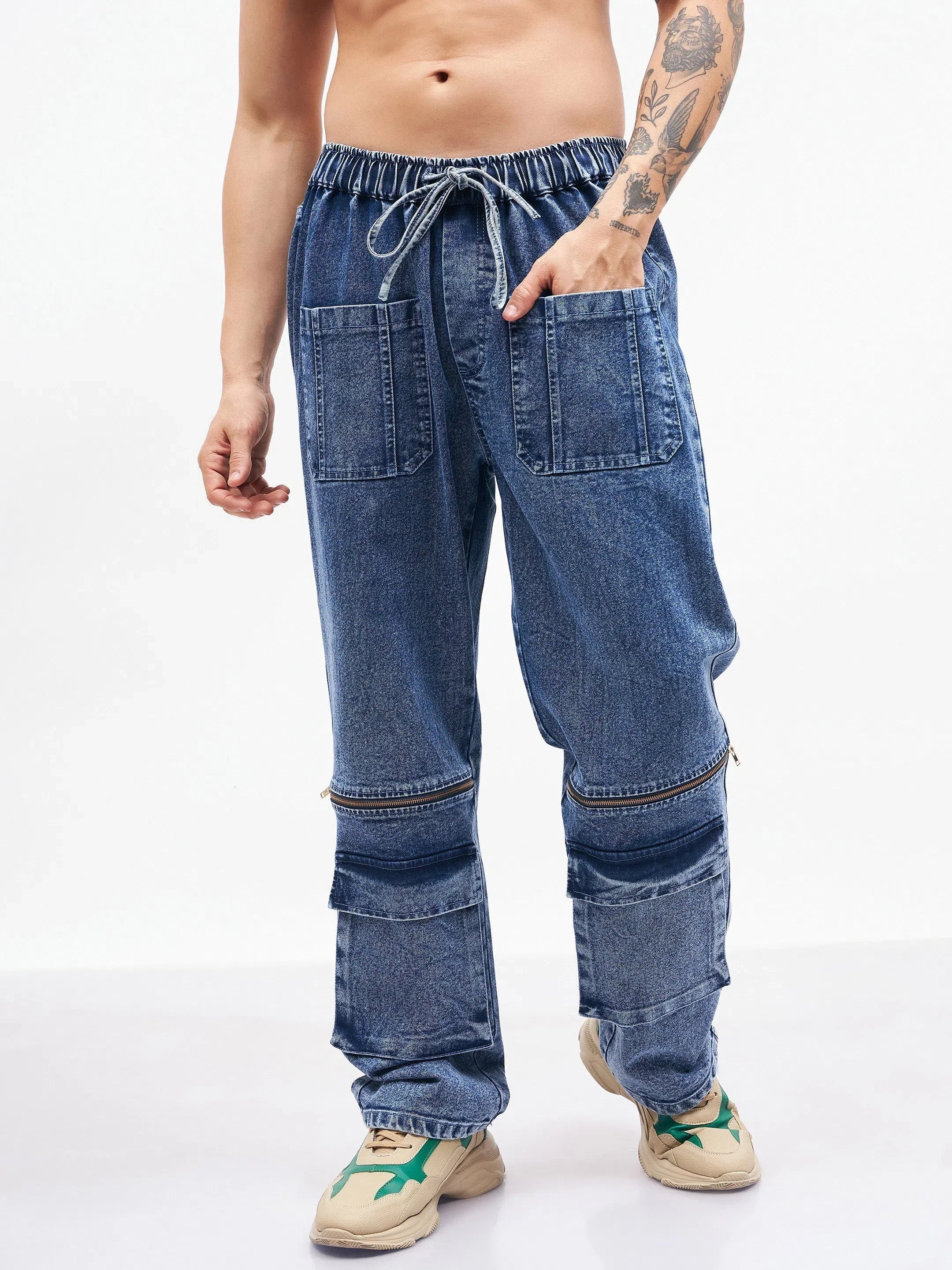 Men's Blue Baggy Fit Jeans | Front Zipper Cotton Pants
