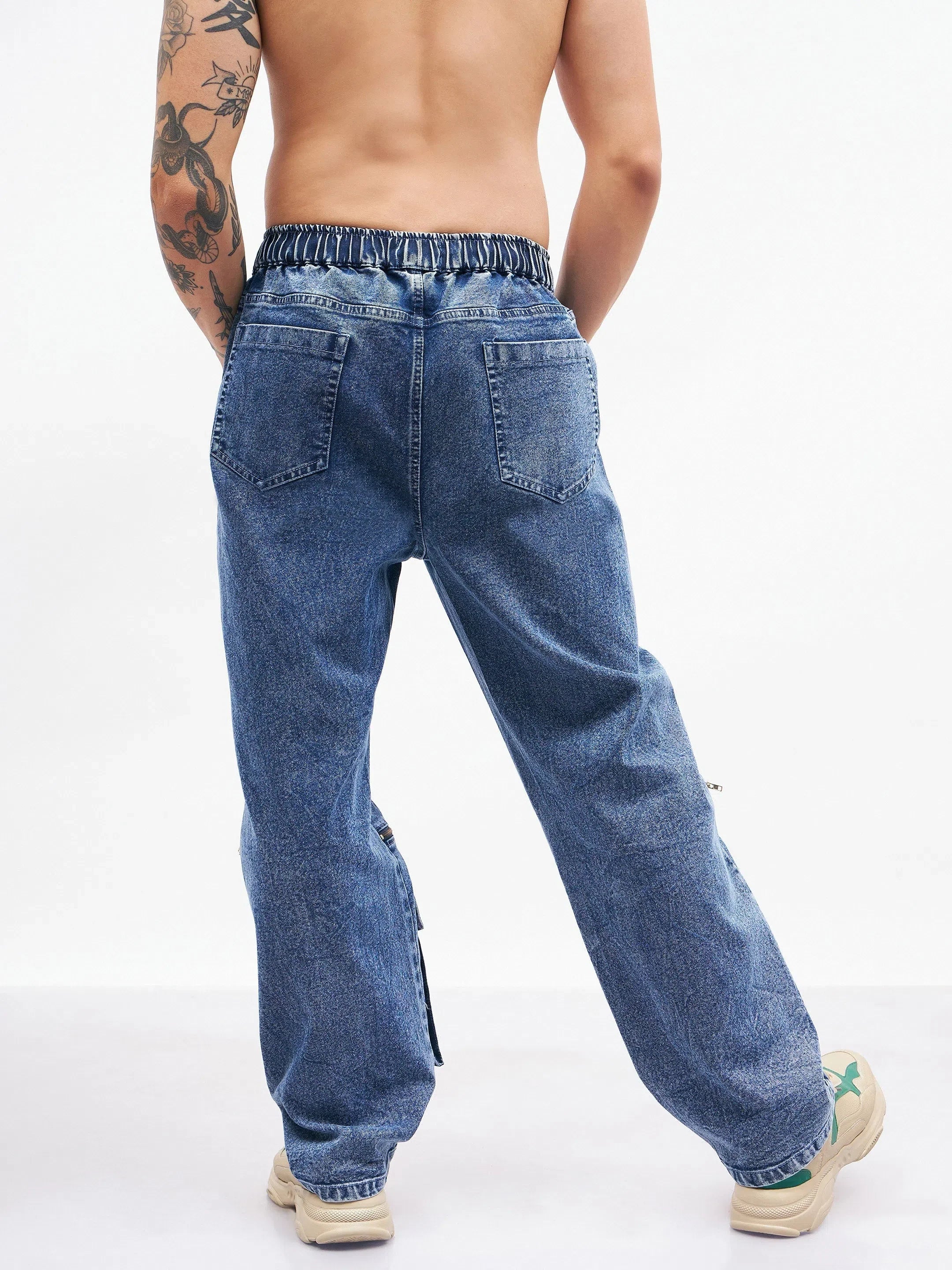 Men's Blue Baggy Fit Jeans | Front Zipper Cotton Pants