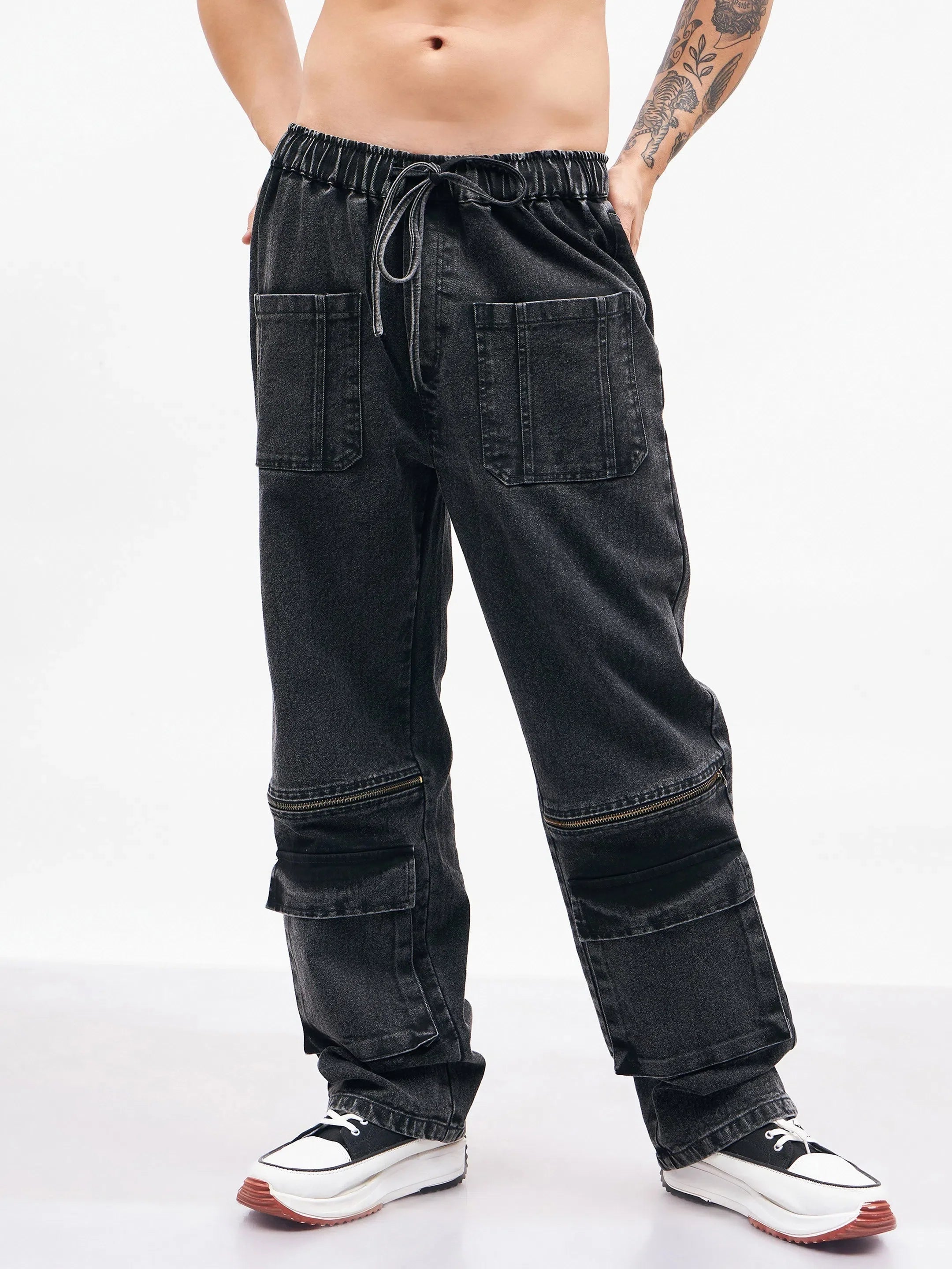 Black Front Zipper Baggy Fit Jeans | Mens Cotton Cargo Jeans