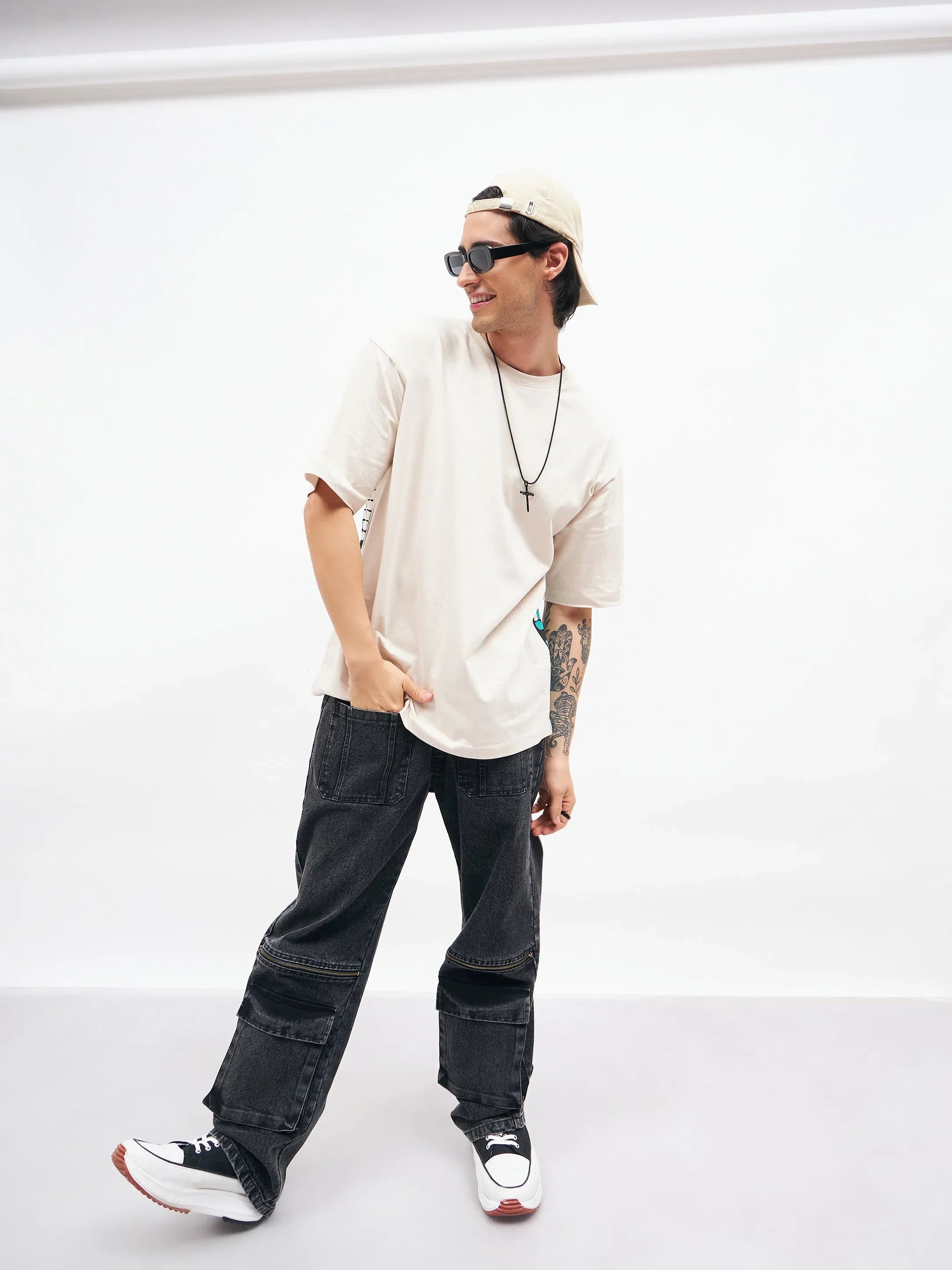 Black Front Zipper Baggy Fit Jeans | Mens Cotton Cargo Jeans