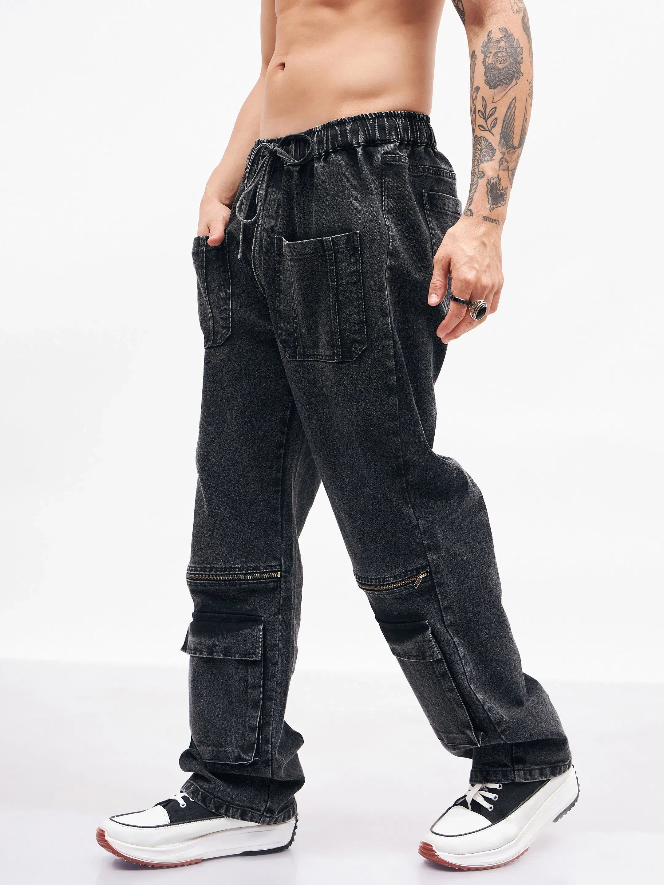 Black Front Zipper Baggy Fit Jeans | Mens Cotton Cargo Jeans