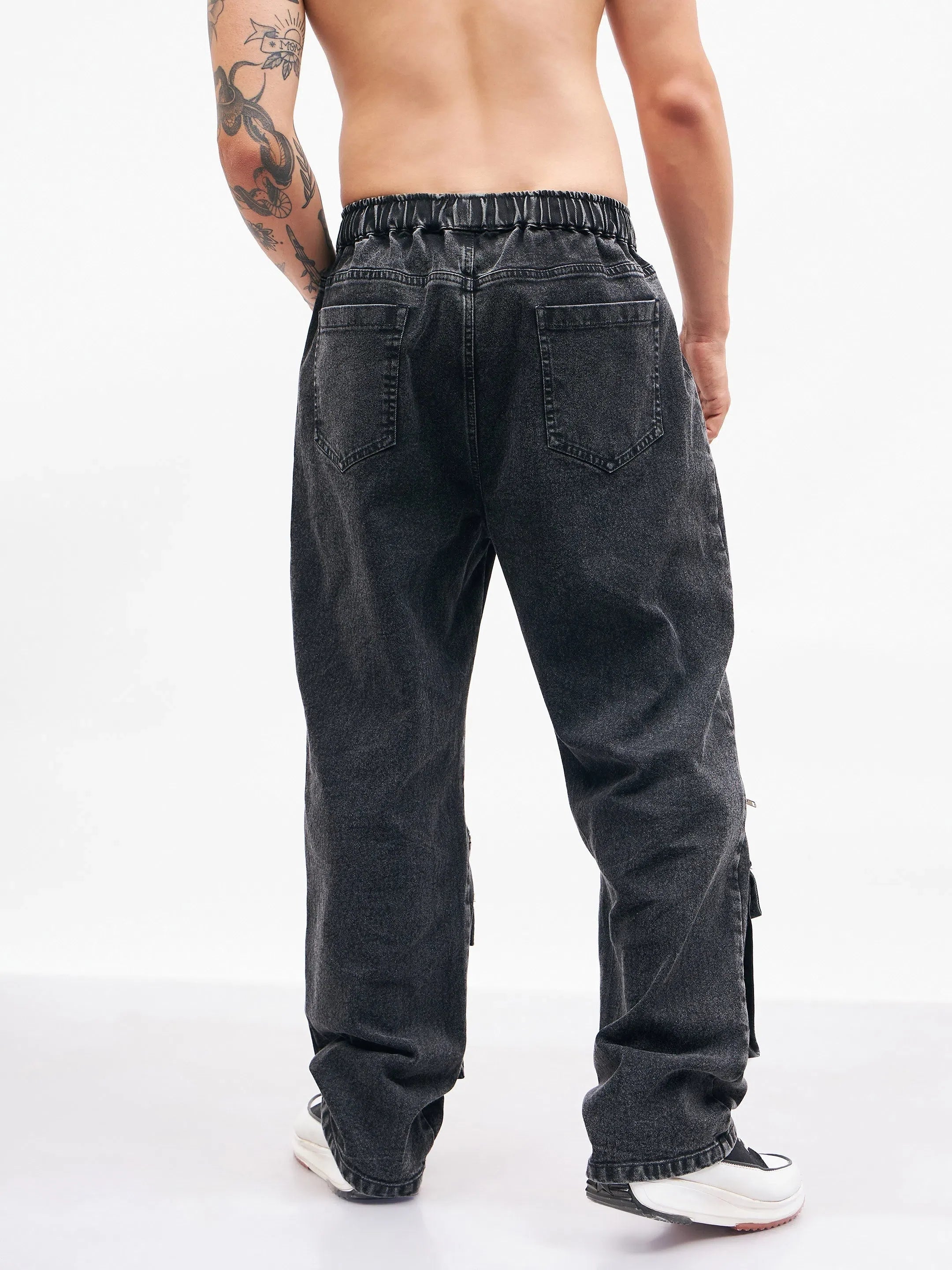 Black Front Zipper Baggy Fit Jeans | Mens Cotton Cargo Jeans