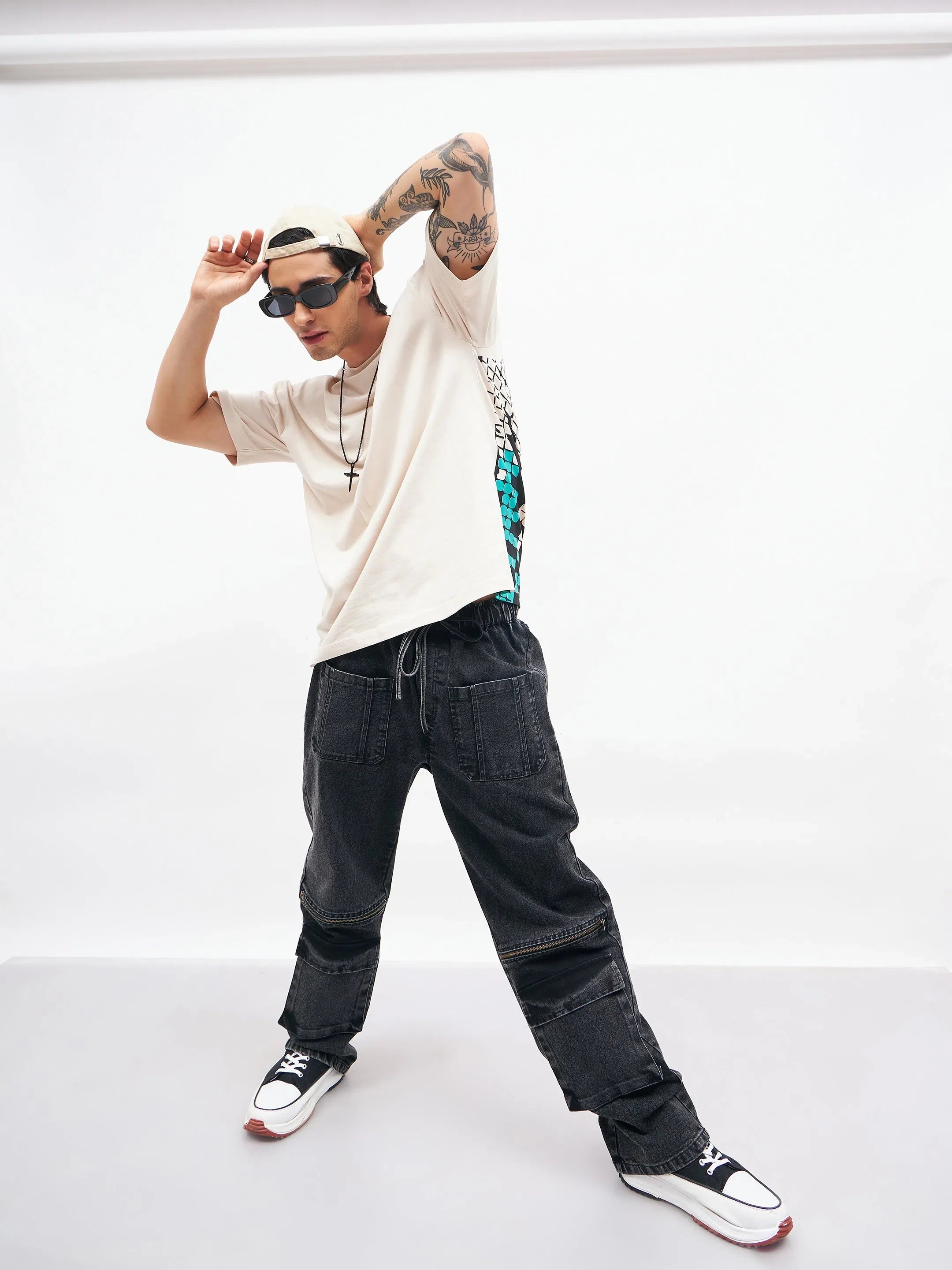 Black Front Zipper Baggy Fit Jeans | Mens Cotton Cargo Jeans