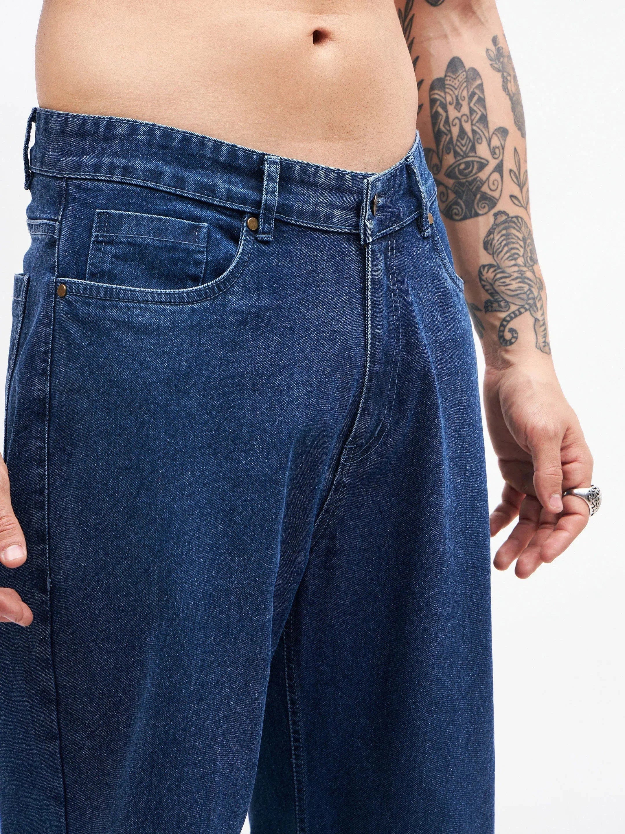 Blue Relax Fit Jeans with Knee Slits | Men's Cotton Pants