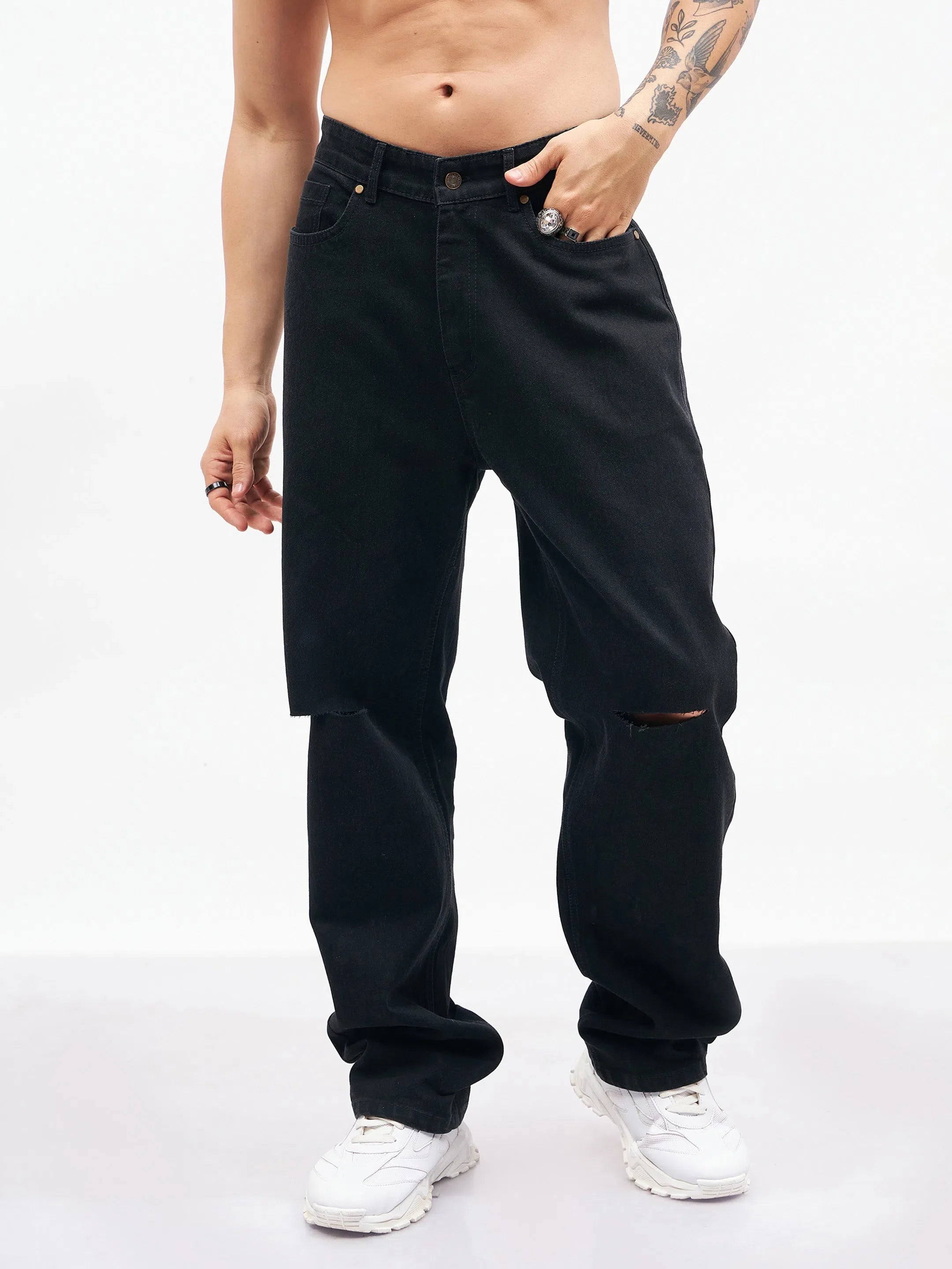 Black Knee Slit Relax Fit Jeans | Stylish Mens Cotton Pants
