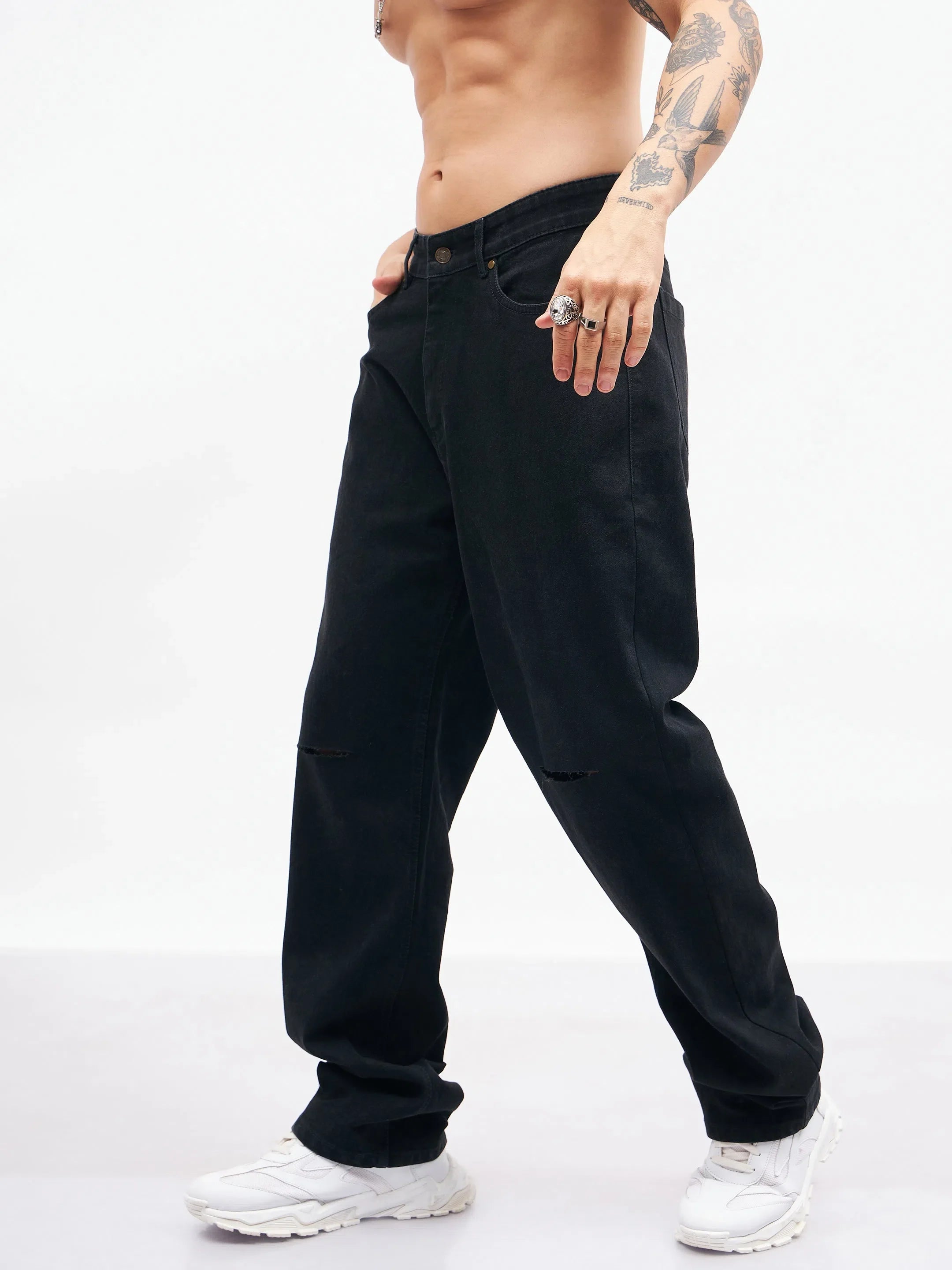 Black Knee Slit Relax Fit Jeans | Stylish Mens Cotton Pants