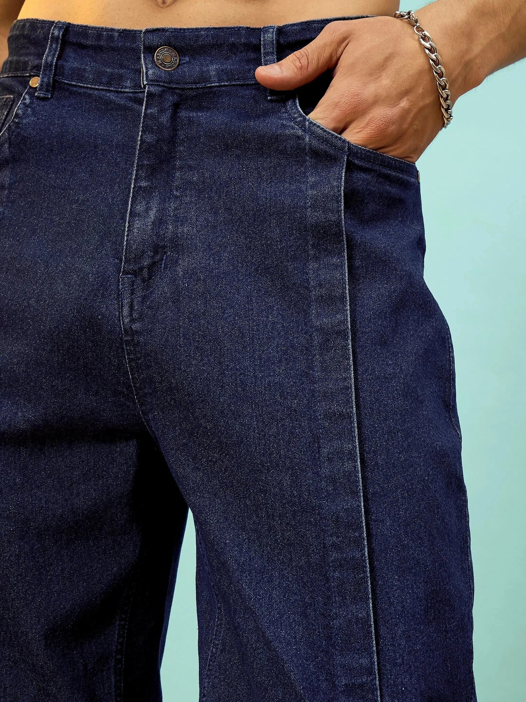 Navy Front Detail Cotton Jeans - Mens Oversize Fit
