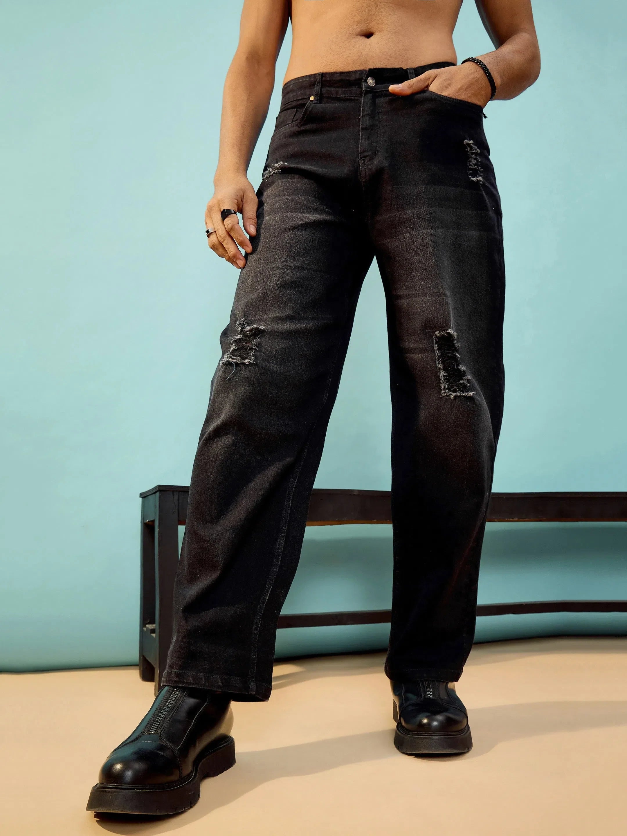 Black Distressed Oversize Jeans | Mens Baggy Cargo Jeans