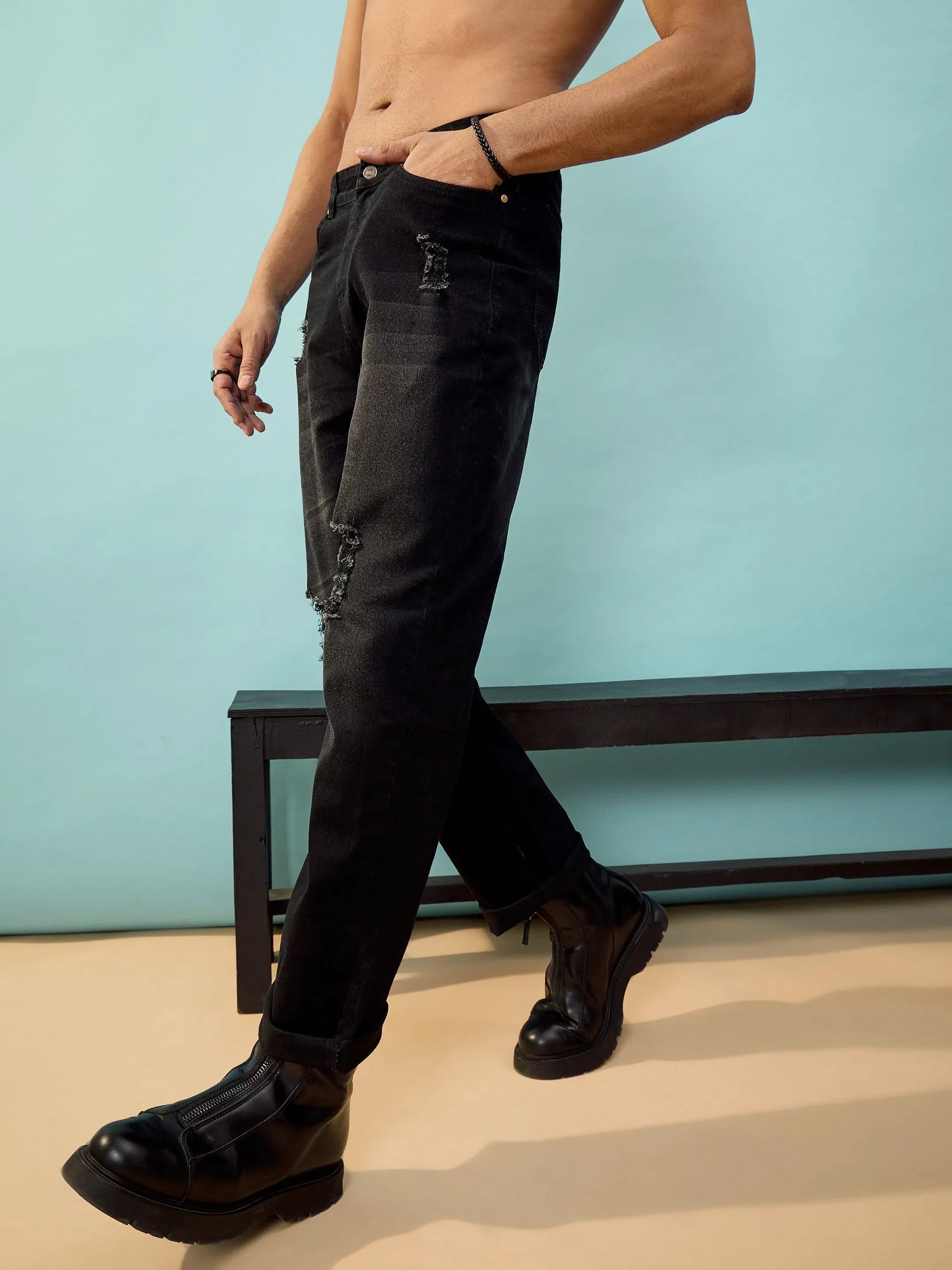 Black Distressed Oversize Jeans | Mens Baggy Cargo Jeans