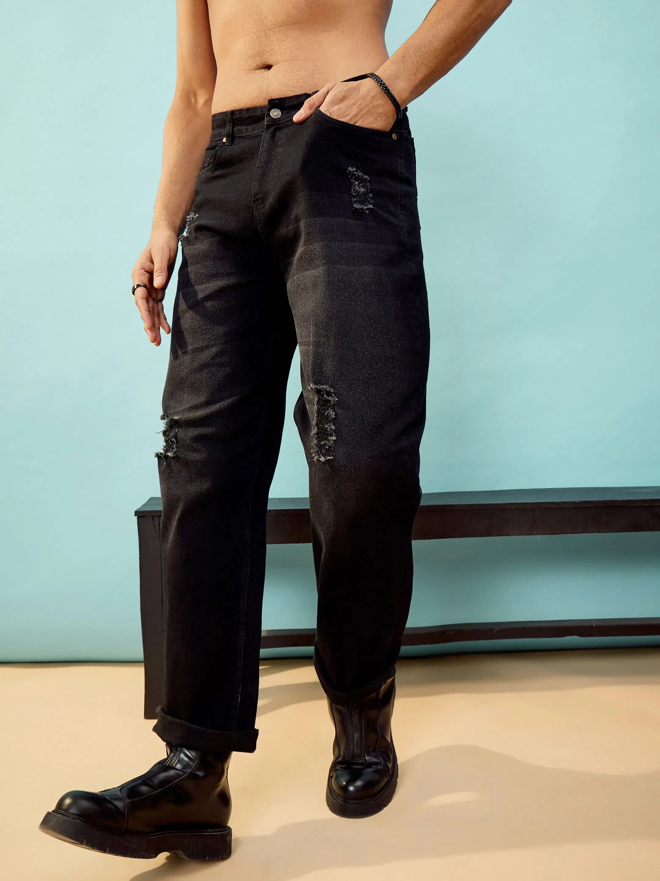 Black Distressed Oversize Jeans | Mens Baggy Cargo Jeans