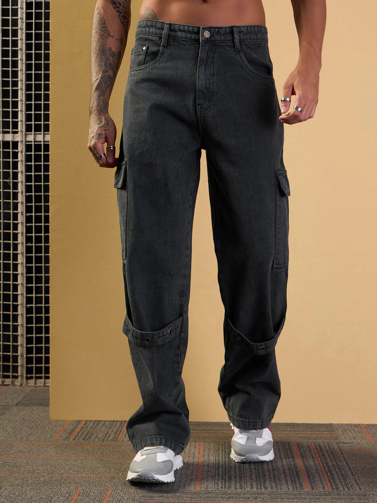 Men Grey Washed Baggy Cargo Jeans-MSJEAN0610