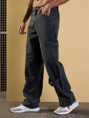 Men Grey Washed Baggy Cargo Jeans-MSJEAN0610