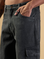 Men Grey Washed Baggy Cargo Jeans-MSJEAN0610