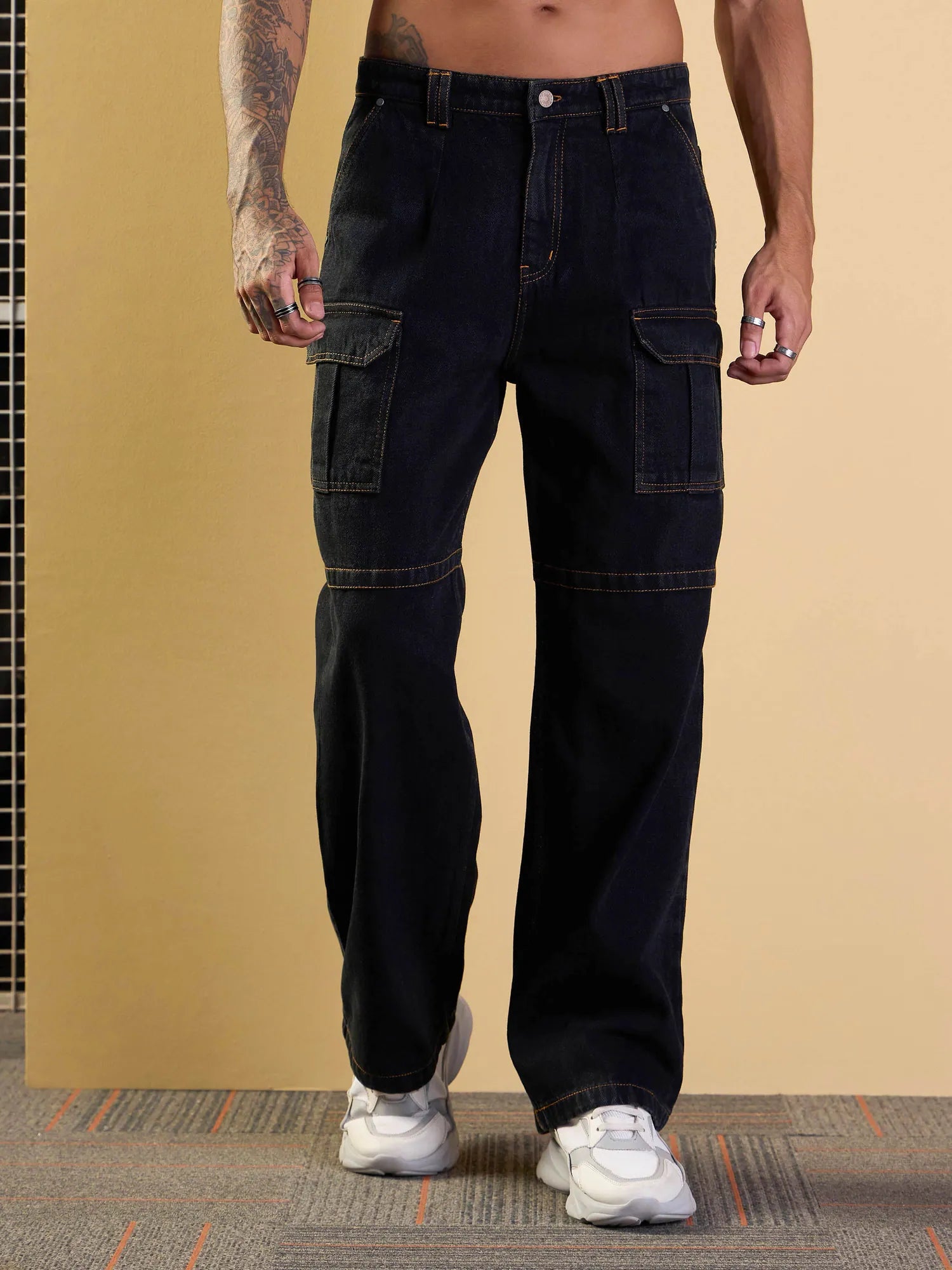 Black Baggy Cargo Jeans for Men - Side Pocket Cotton Pants