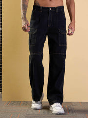 Men Black Side Pocket Baggy Cargo Jeans-MSJEAN0613