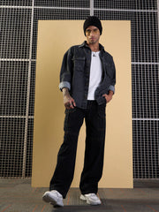 Men Black Side Pocket Baggy Cargo Jeans-MSJEAN0613